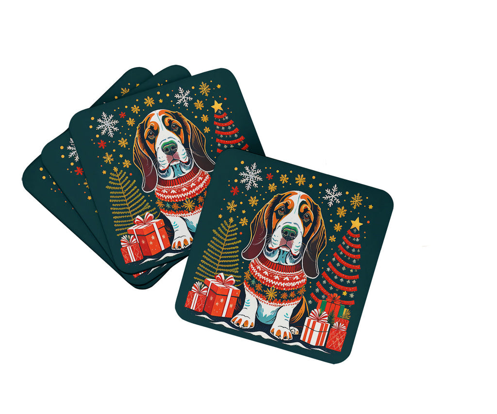 Basset Hound Christmas Foam Coasters Set of 4 Cup Coasters for Indoor Outdoor, Tabletop Protection, Anti Slip, Mouse pad Material