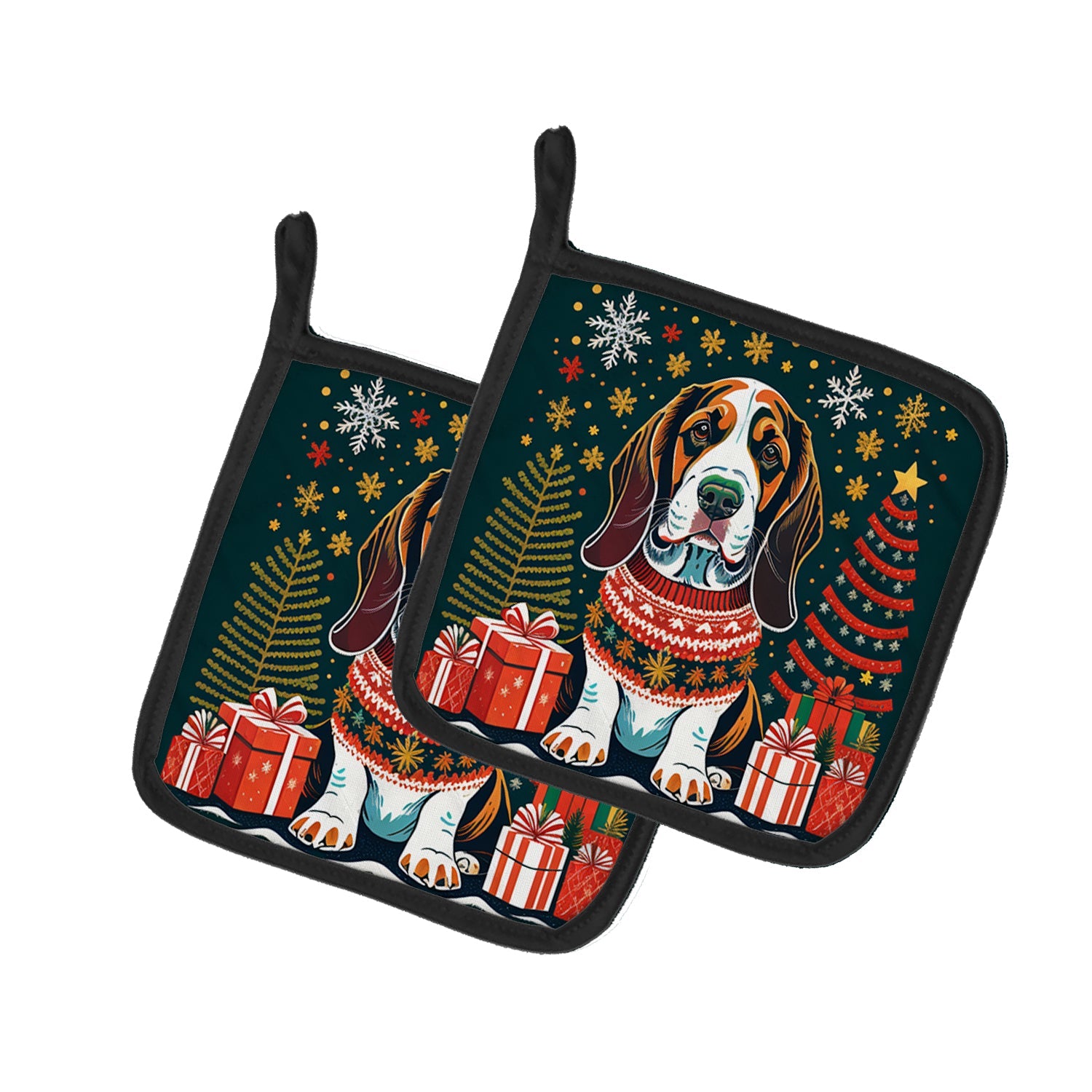 Basset Hound Christmas Pot Holder Set of 2 Heat Resistant Quilted Hot Pads 7.5 x 7.5 Inch, Insulated Kitchen Trivets for Cooking & Baking
