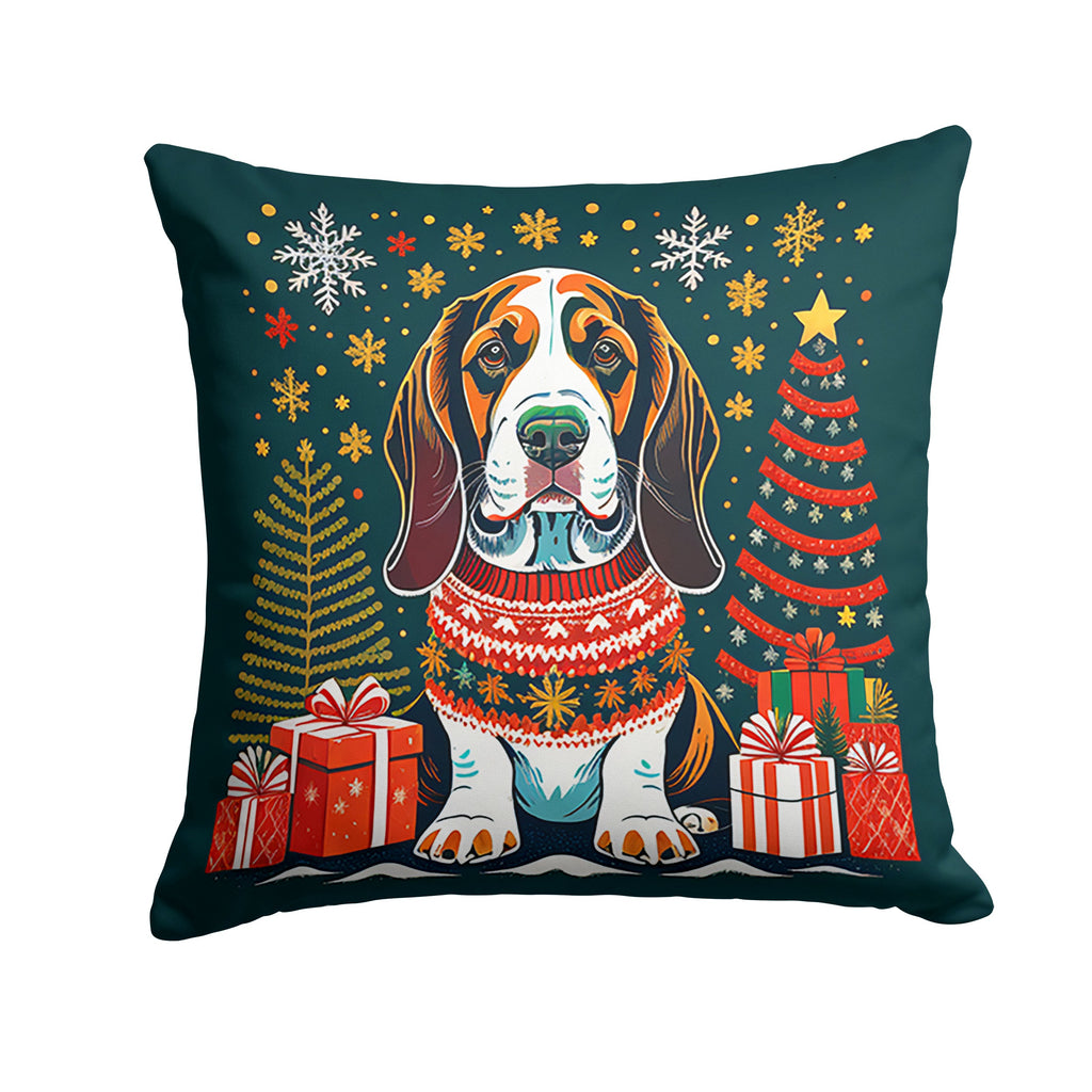 Basset Hound Christmas Decorative Throw Pillow 14x14 Indoor Outdoor Accent Cushion, Fabric Cover with Insert for Sofa, Bed, Porch & Living Room