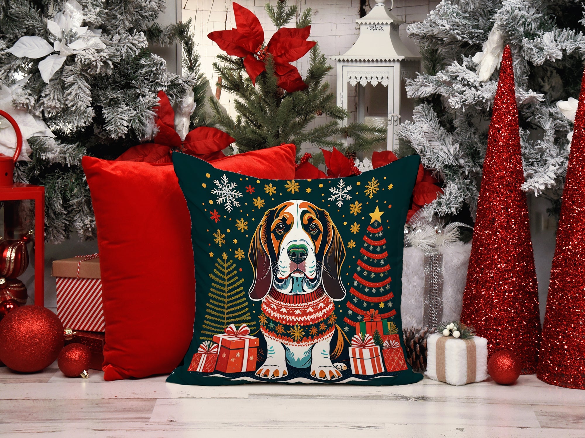 Basset Hound Christmas Decorative Throw Pillow 14x14 Indoor Outdoor Accent Cushion, Fabric Cover with Insert for Sofa, Bed, Porch & Living Room