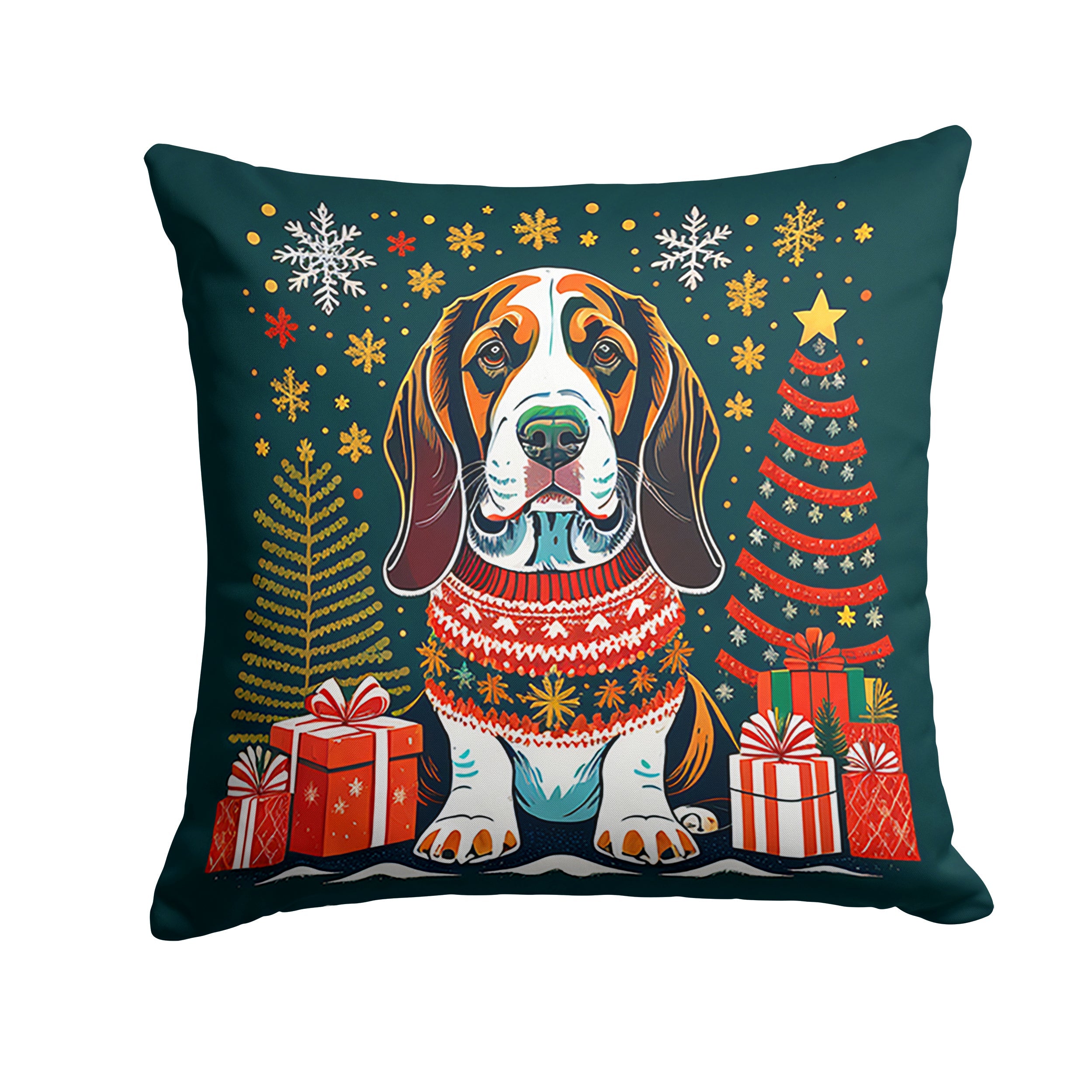 Basset Hound Christmas Decorative Throw Pillow 18x18 Indoor Outdoor Accent Cushion, Fabric Cover with Insert for Sofa, Bed, Porch & Living Room