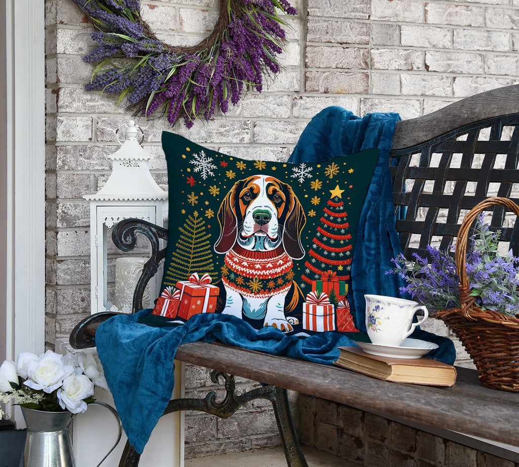 Basset Hound Christmas Decorative Throw Pillow 18x18 Indoor Outdoor Accent Cushion, Fabric Cover with Insert for Sofa, Bed, Porch & Living Room