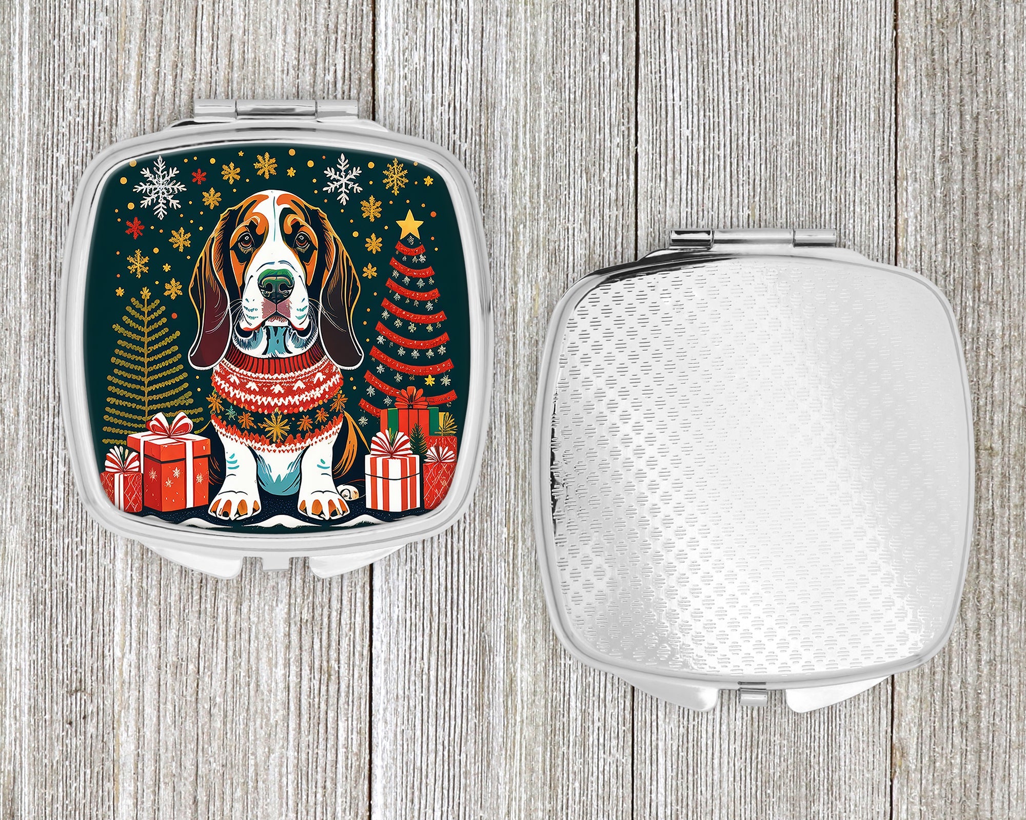 Basset Hound Christmas Compact Mirror Decorative Travel Makeup Mirror for Women Girls Gifts Pocket Makeup Mirror Folding Handheld