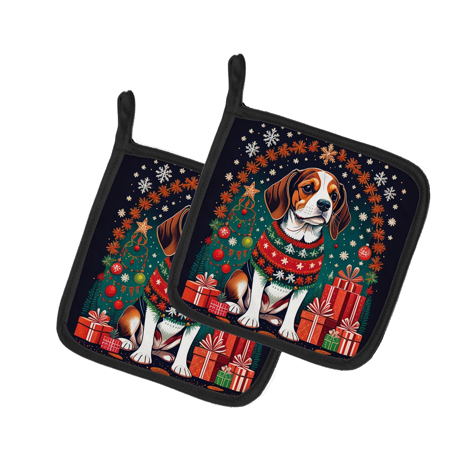 Beagle Christmas Pot Holder Set of 2 Heat Resistant Quilted Hot Pads 7.5 x 7.5 Inch, Insulated Kitchen Trivets for Cooking & Baking