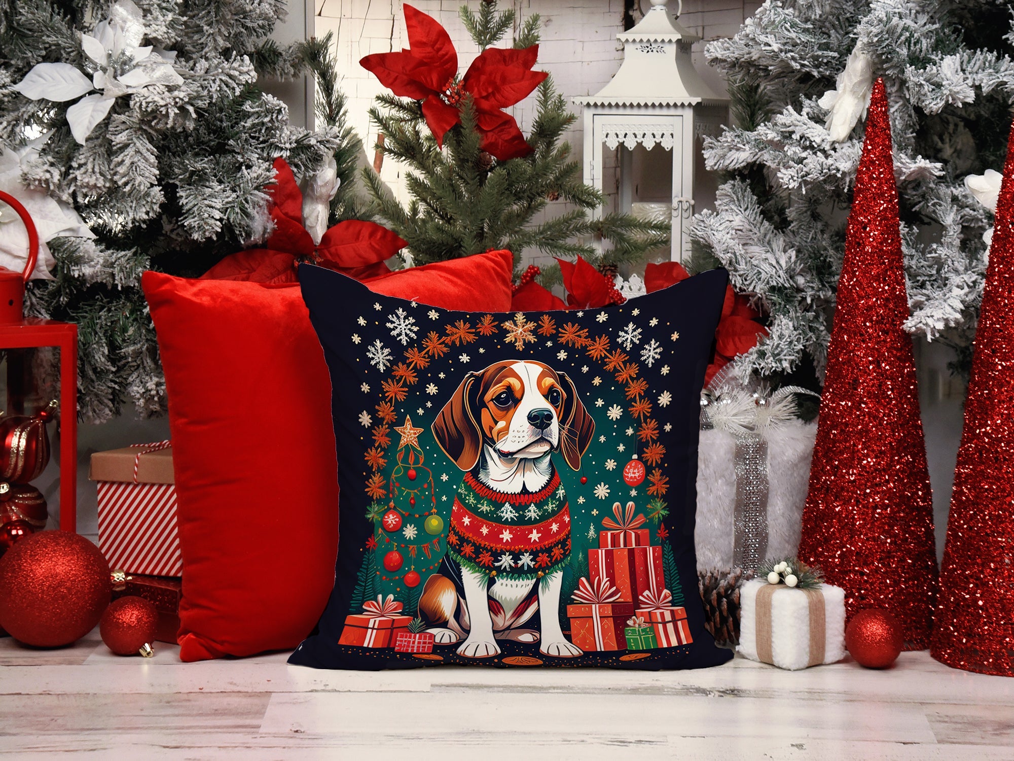 Beagle Christmas Decorative Throw Pillow 14x14 Indoor Outdoor Accent Cushion, Fabric Cover with Insert for Sofa, Bed, Porch & Living Room