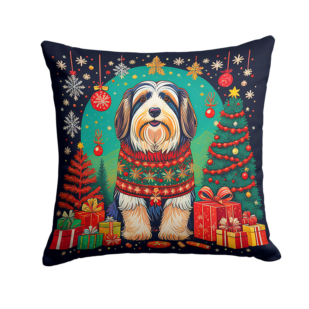 Bearded Collie Christmas Decorative Throw Pillow 14x14 Indoor Outdoor Accent Cushion, Fabric Cover with Insert for Sofa, Bed, Porch & Living Room