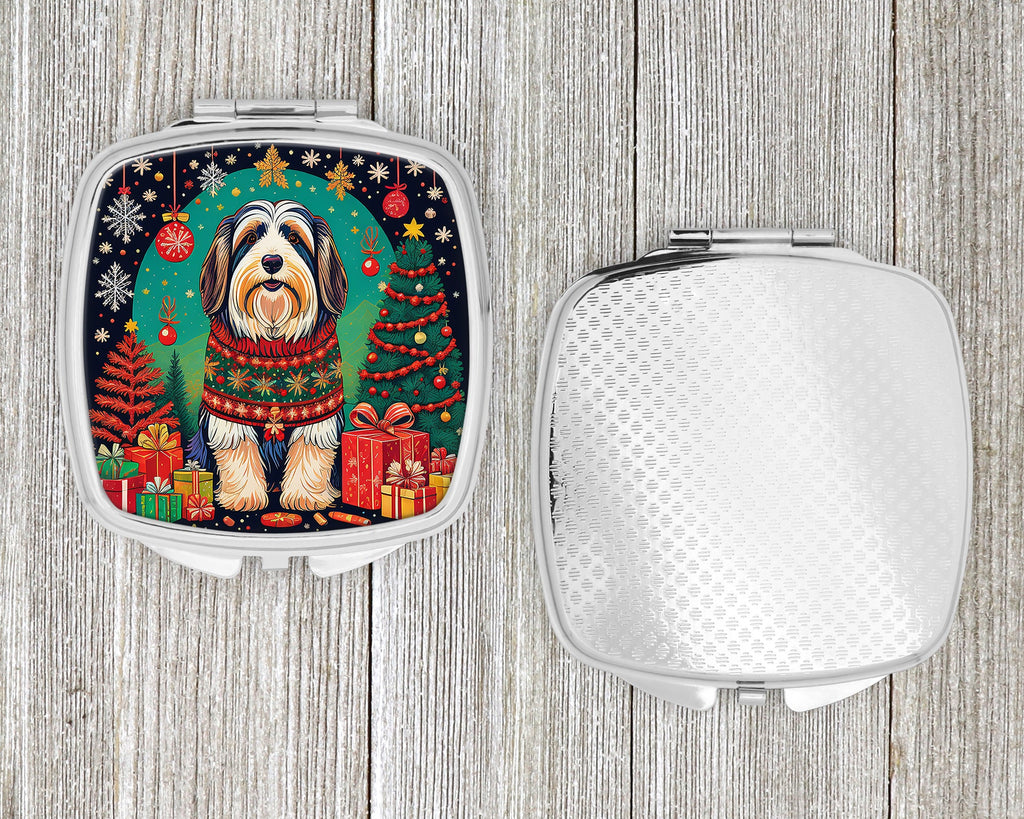 Bearded Collie Christmas Compact Mirror Decorative Travel Makeup Mirror for Women Girls Gifts Pocket Makeup Mirror Folding Handheld