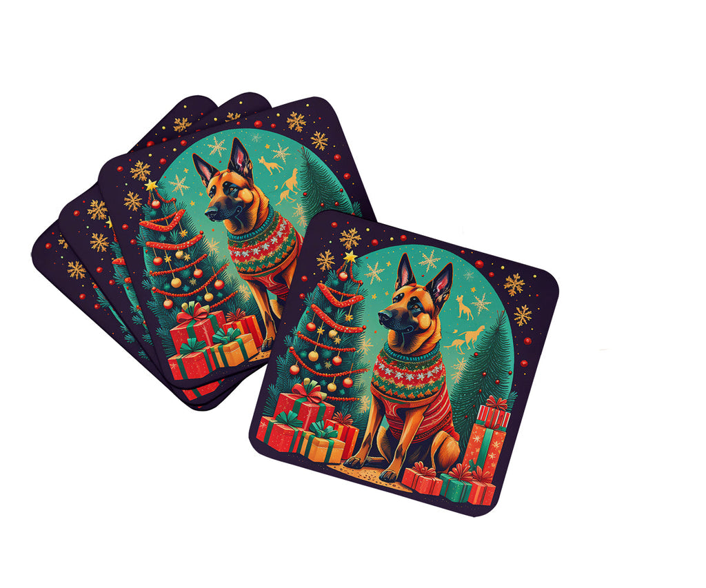 Belgian Malinois Christmas Foam Coasters Set of 4 Cup Coasters for Indoor Outdoor, Tabletop Protection, Anti Slip, Mouse pad Material