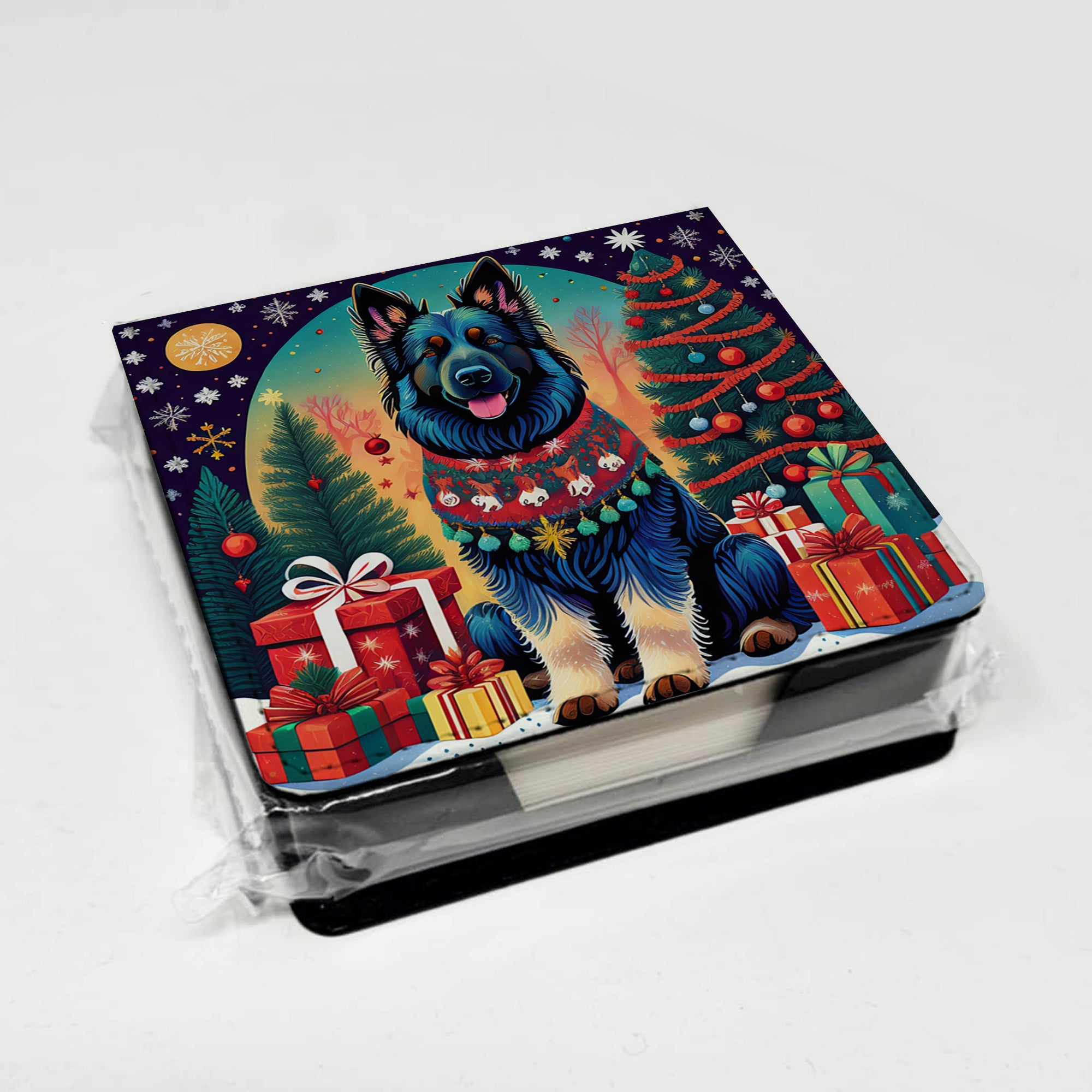 Belgian Sheepdog Christmas PU Leather Note Paper Holder with Artist-Designed Cover, Desk Accessory, Office Gift