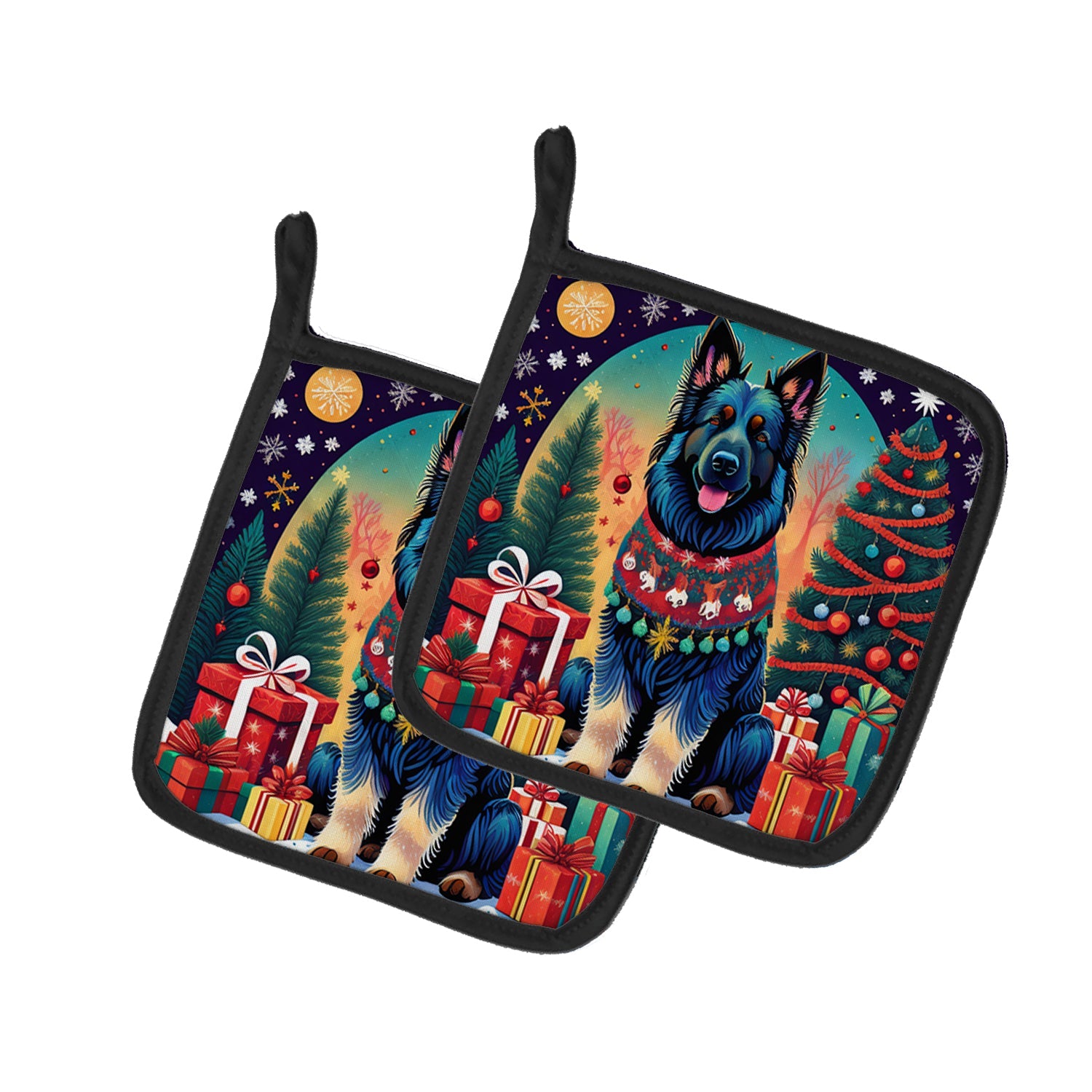 Belgian Sheepdog Christmas Pot Holder Set of 2 Heat Resistant Quilted Hot Pads 7.5 x 7.5 Inch, Insulated Kitchen Trivets for Cooking & Baking