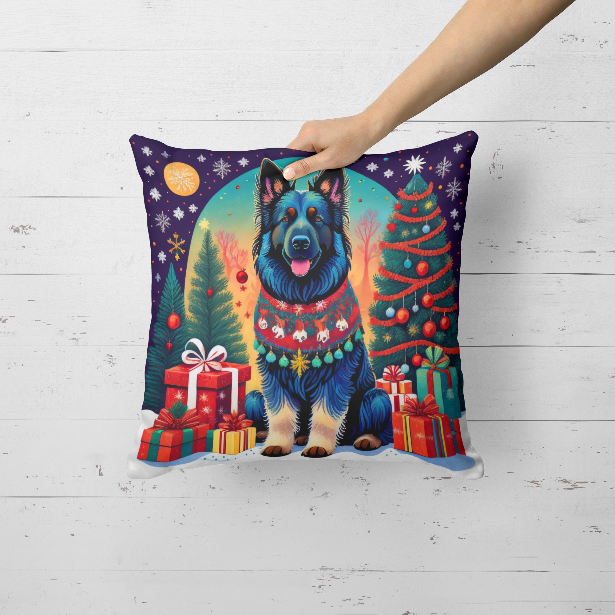 Belgian Sheepdog Christmas Decorative Throw Pillow 14x14 Indoor Outdoor Accent Cushion, Fabric Cover with Insert for Sofa, Bed, Porch & Living Room