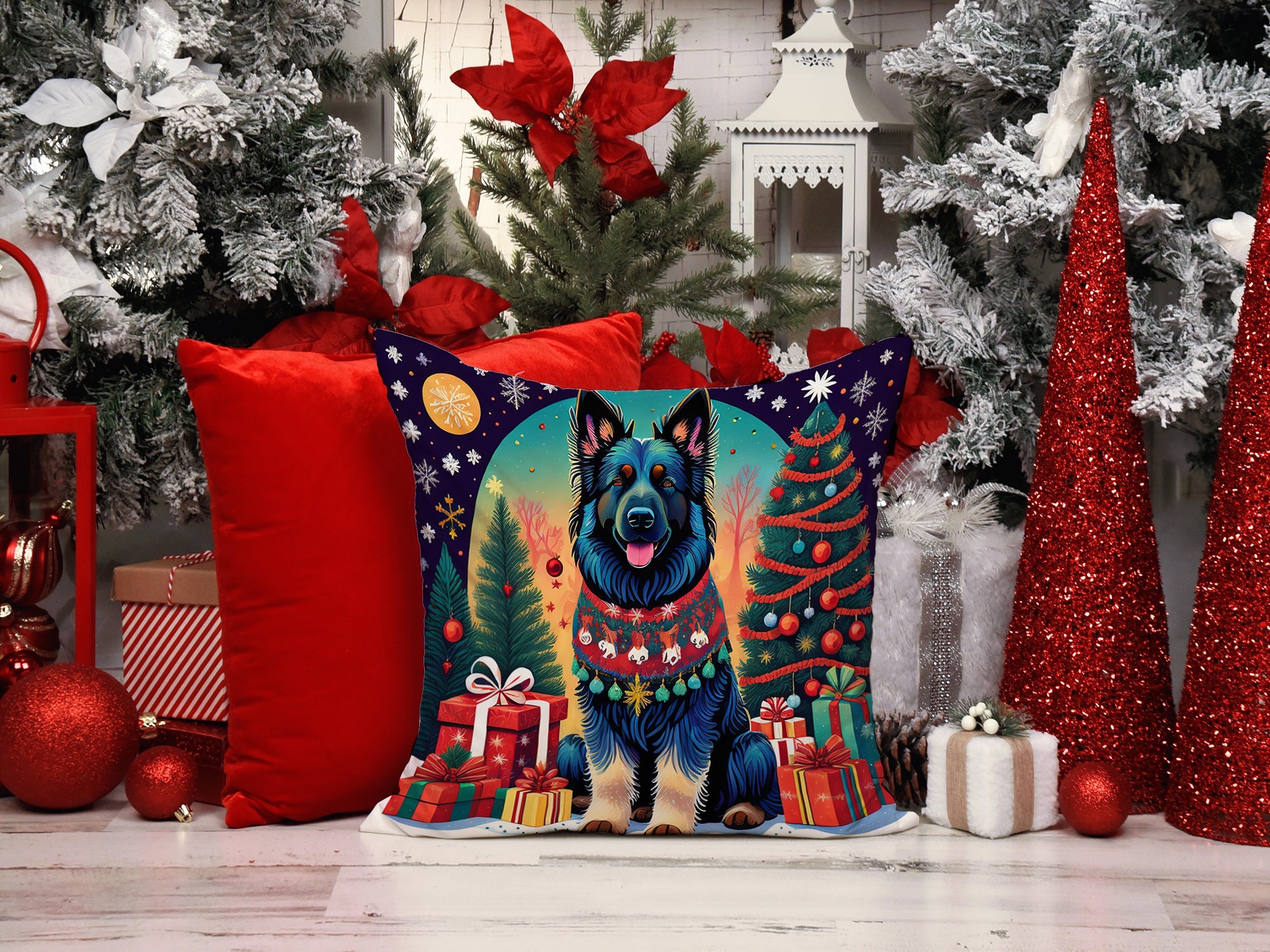 Belgian Sheepdog Christmas Decorative Throw Pillow 18x18 Indoor Outdoor Accent Cushion, Fabric Cover with Insert for Sofa, Bed, Porch & Living Room