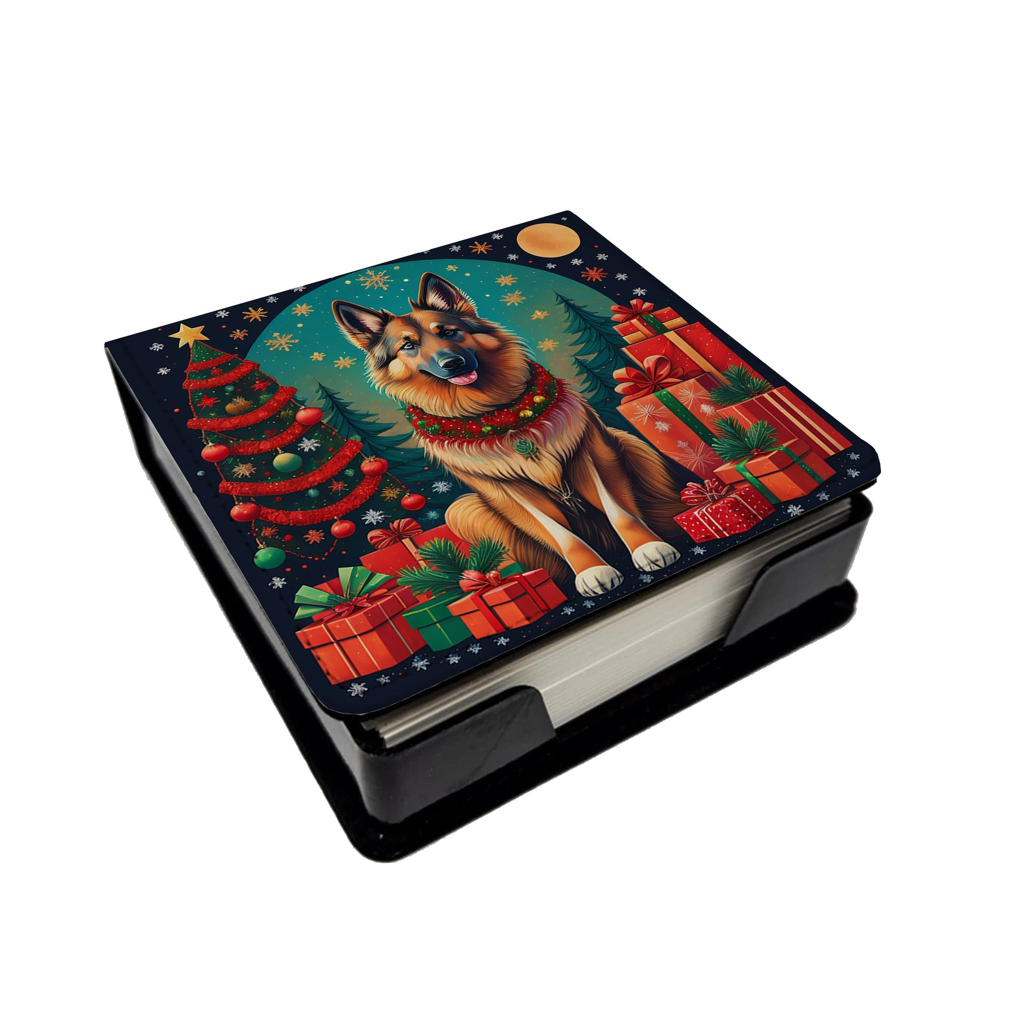 Belgian Tervuren Christmas PU Leather Note Paper Holder with Artist-Designed Cover, Desk Accessory, Office Gift