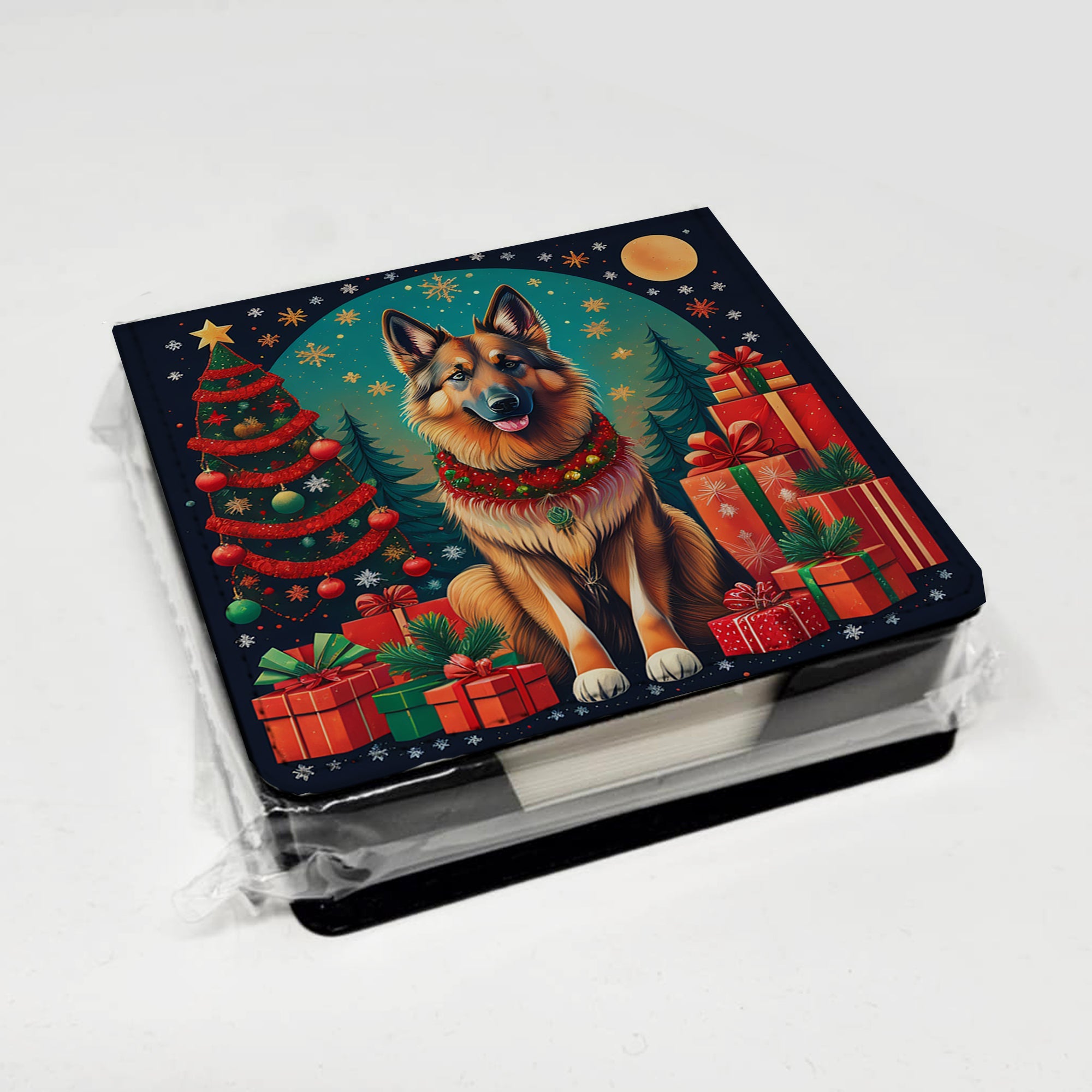 Belgian Tervuren Christmas PU Leather Note Paper Holder with Artist-Designed Cover, Desk Accessory, Office Gift
