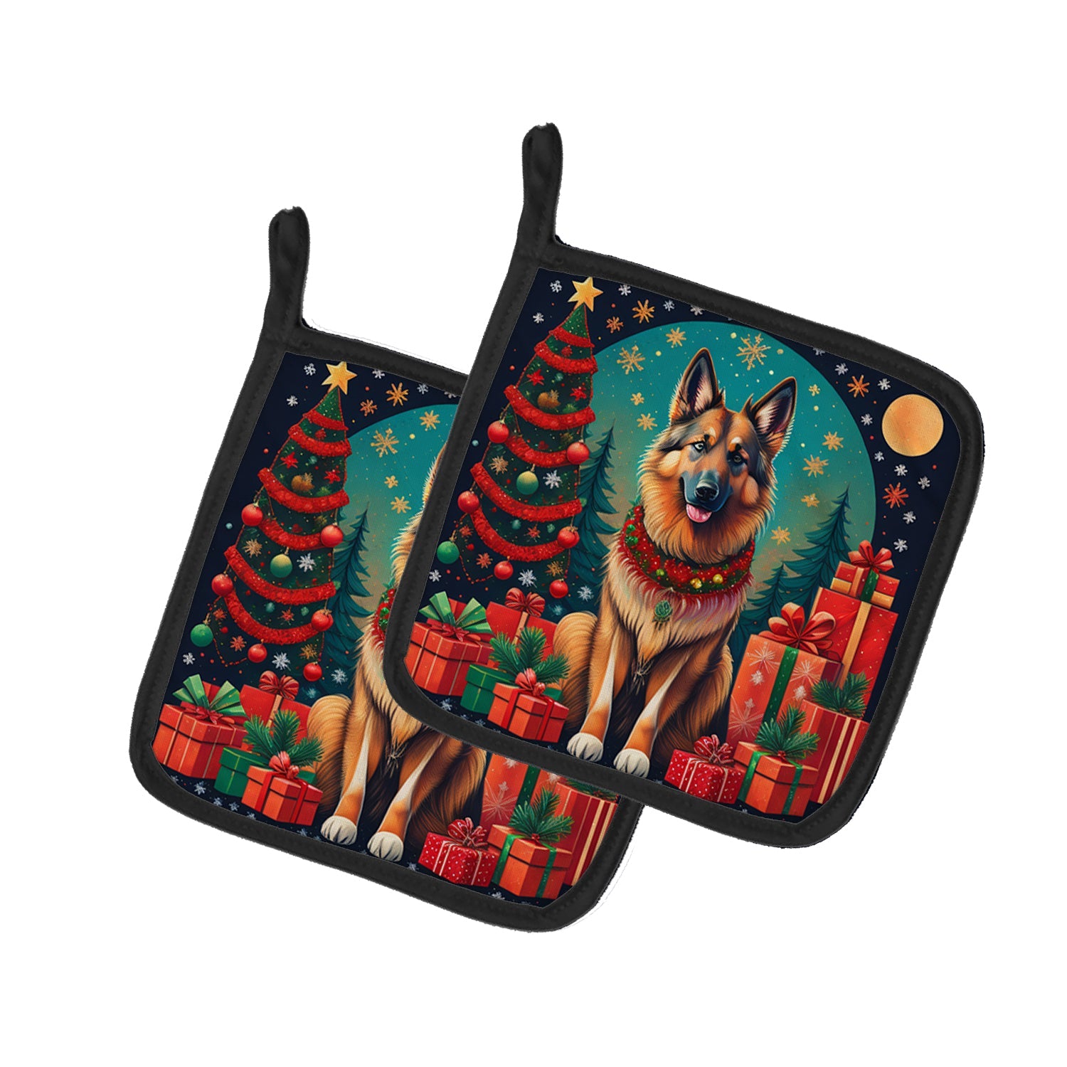 Belgian Tervuren Christmas Pot Holder Set of 2 Heat Resistant Quilted Hot Pads 7.5 x 7.5 Inch, Insulated Kitchen Trivets for Cooking & Baking