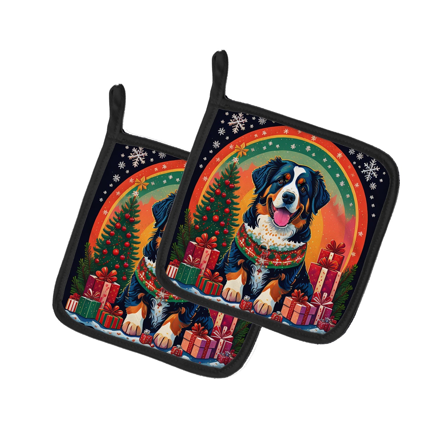 Bernese Mountain Dog Christmas Pot Holder Set of 2 Heat Resistant Quilted Hot Pads 7.5 x 7.5 Inch, Insulated Kitchen Trivets for Cooking & Baking