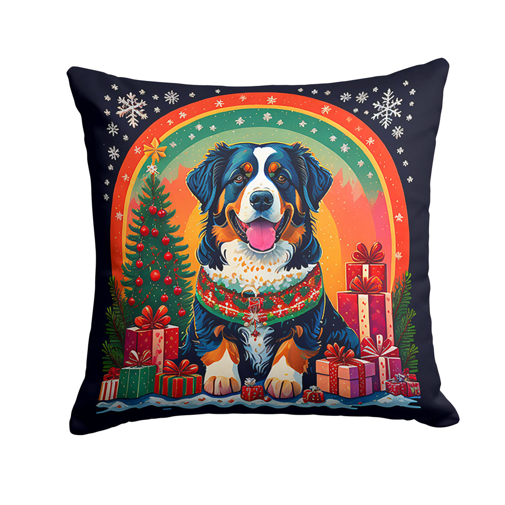 Bernese Mountain Dog Christmas Decorative Throw Pillow 14x14 Indoor Outdoor Accent Cushion, Fabric Cover with Insert for Sofa, Bed, Porch & Living Room