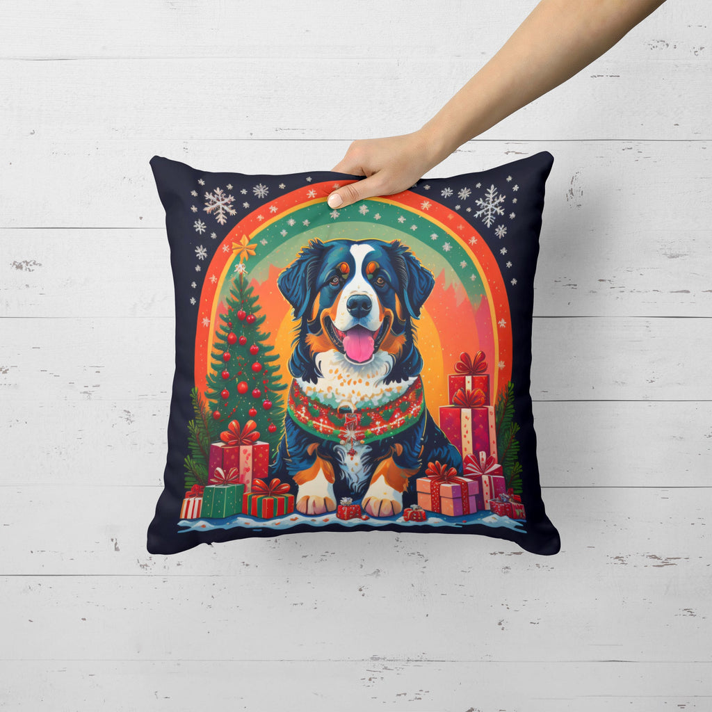 Bernese Mountain Dog Christmas Decorative Throw Pillow 14x14 Indoor Outdoor Accent Cushion, Fabric Cover with Insert for Sofa, Bed, Porch & Living Room