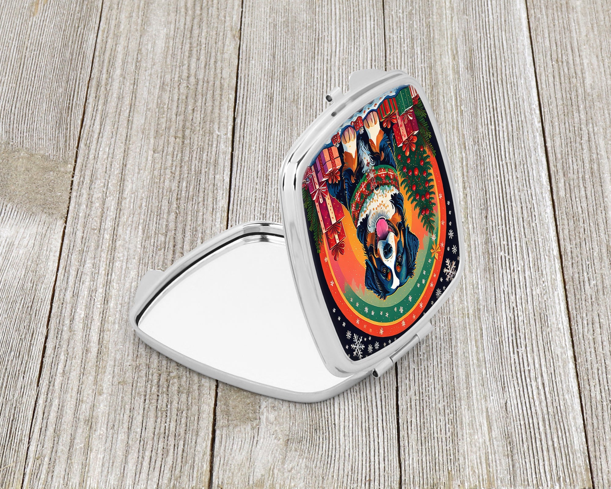 Bernese Mountain Dog Christmas Compact Mirror Decorative Travel Makeup Mirror for Women Girls Gifts Pocket Makeup Mirror Folding Handheld