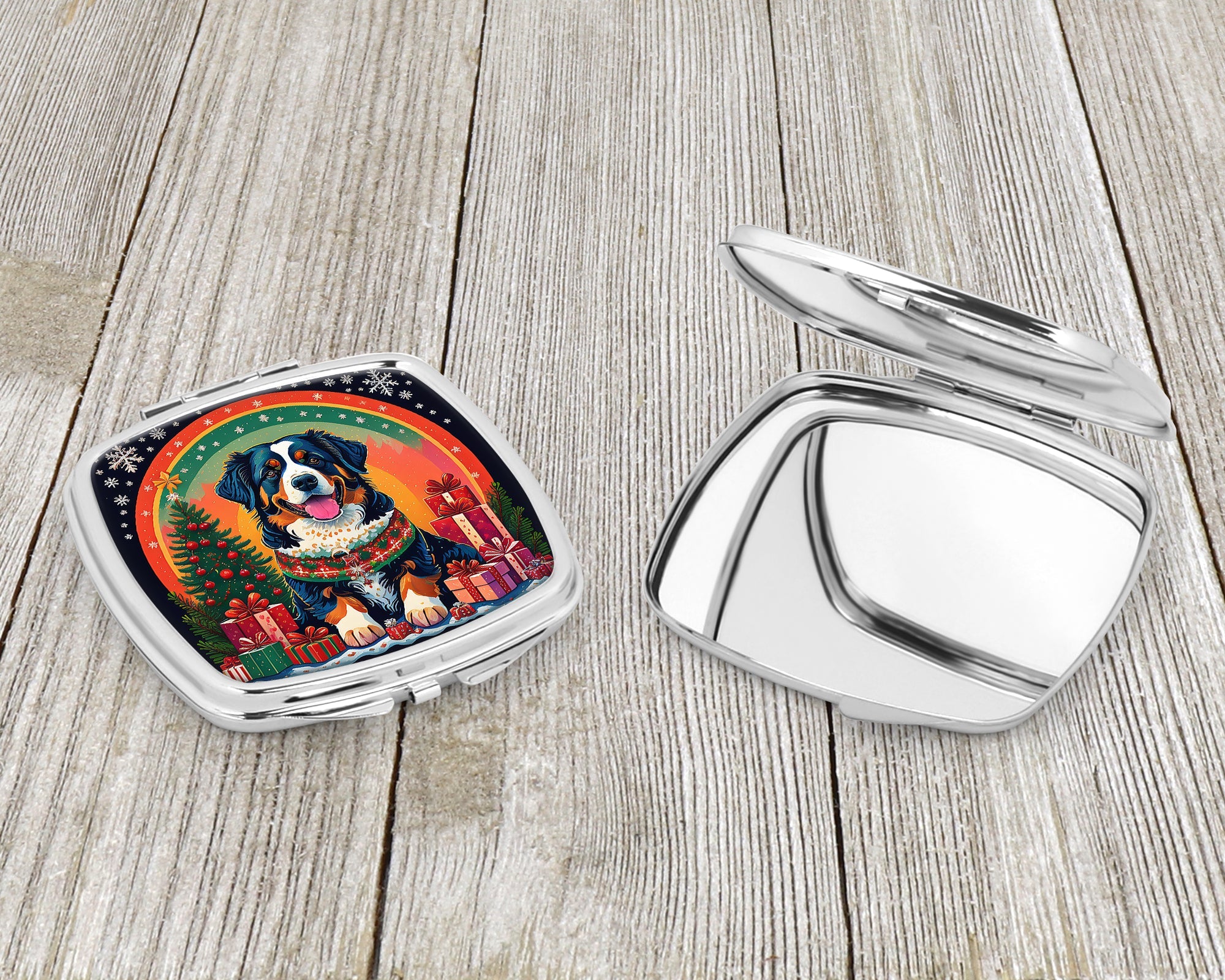 Bernese Mountain Dog Christmas Compact Mirror Decorative Travel Makeup Mirror for Women Girls Gifts Pocket Makeup Mirror Folding Handheld