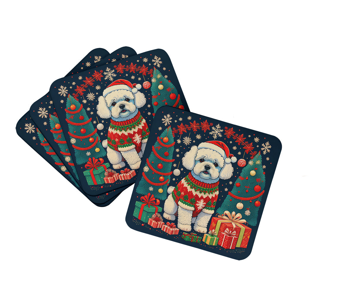 Bichon Frise Christmas Foam Coasters Set of 4 Cup Coasters for Indoor Outdoor, Tabletop Protection, Anti Slip, Mouse pad Material