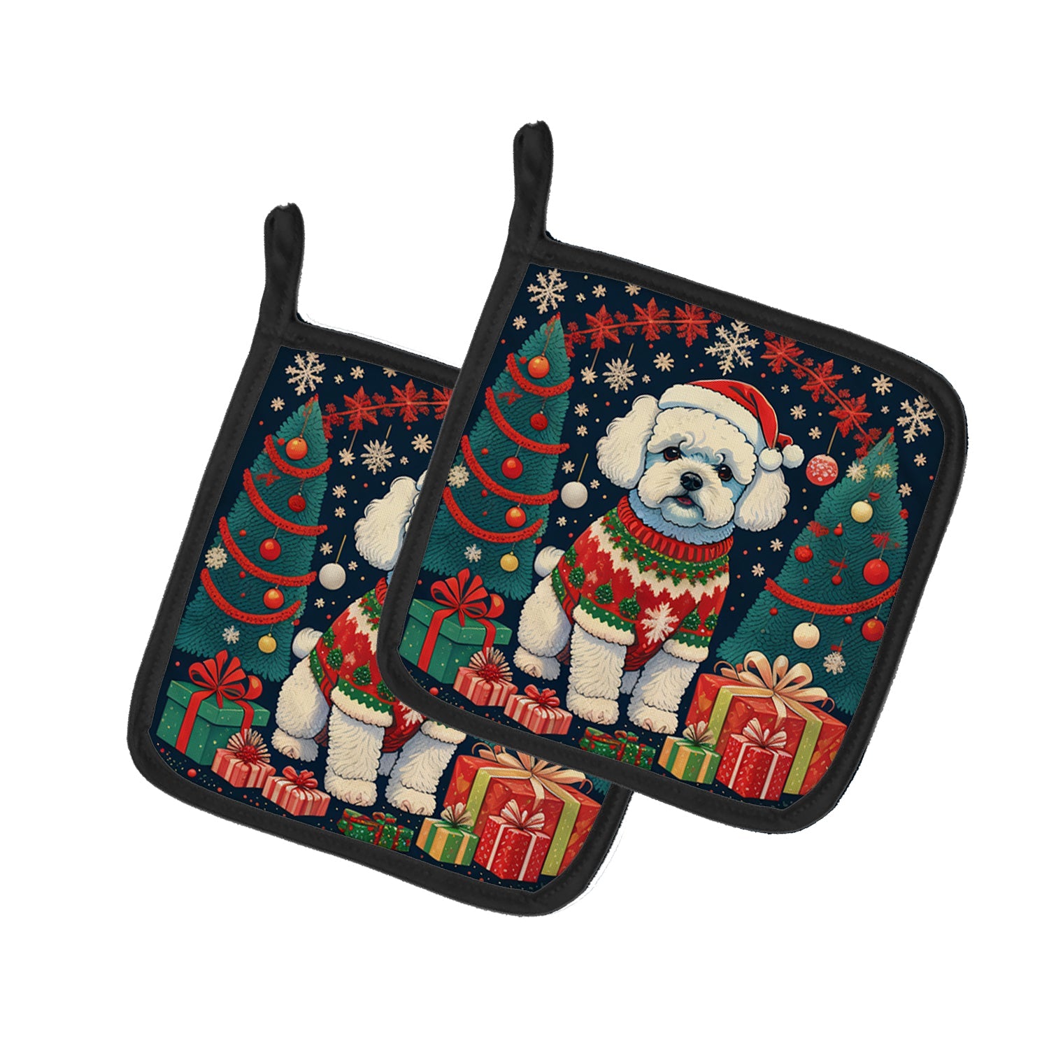 Bichon Frise Christmas Pot Holder Set of 2 Heat Resistant Quilted Hot Pads 7.5 x 7.5 Inch, Insulated Kitchen Trivets for Cooking & Baking