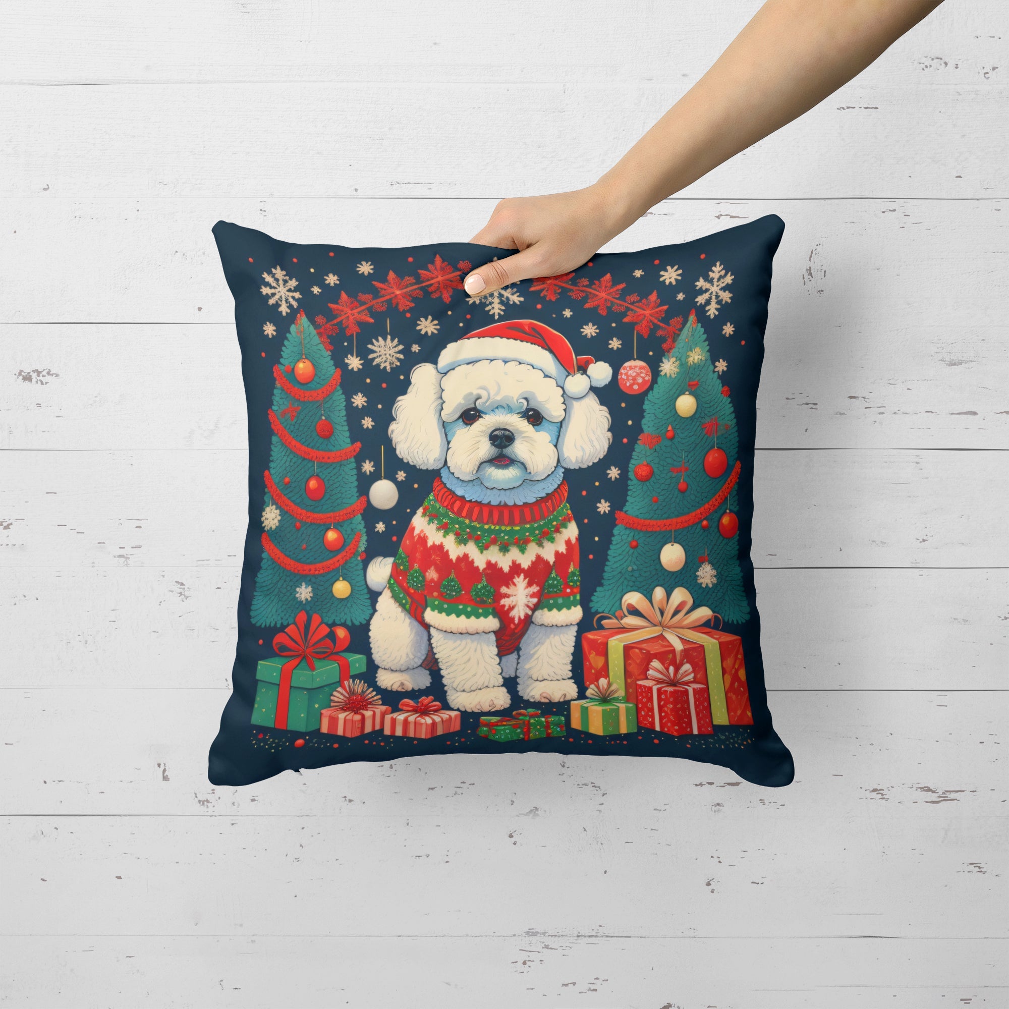 Bichon Frise Christmas Decorative Throw Pillow 14x14 Indoor Outdoor Accent Cushion, Fabric Cover with Insert for Sofa, Bed, Porch & Living Room
