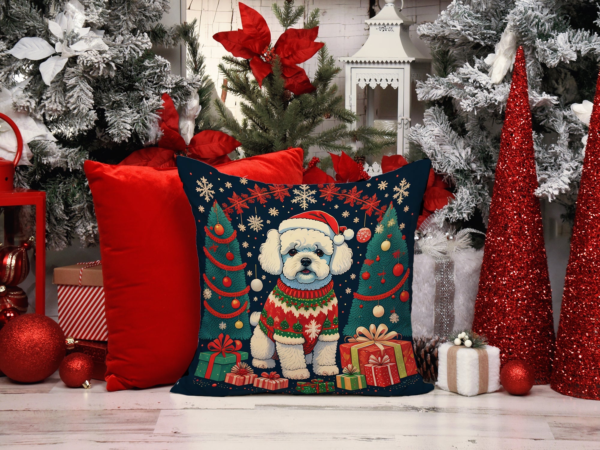 Bichon Frise Christmas Decorative Throw Pillow 18x18 Indoor Outdoor Accent Cushion, Fabric Cover with Insert for Sofa, Bed, Porch & Living Room
