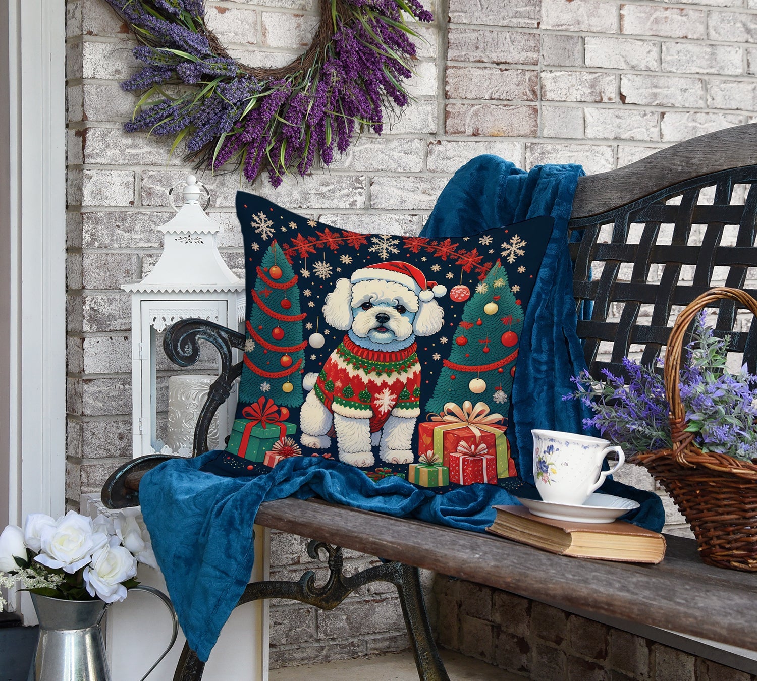 Bichon Frise Christmas Decorative Throw Pillow 18x18 Indoor Outdoor Accent Cushion, Fabric Cover with Insert for Sofa, Bed, Porch & Living Room