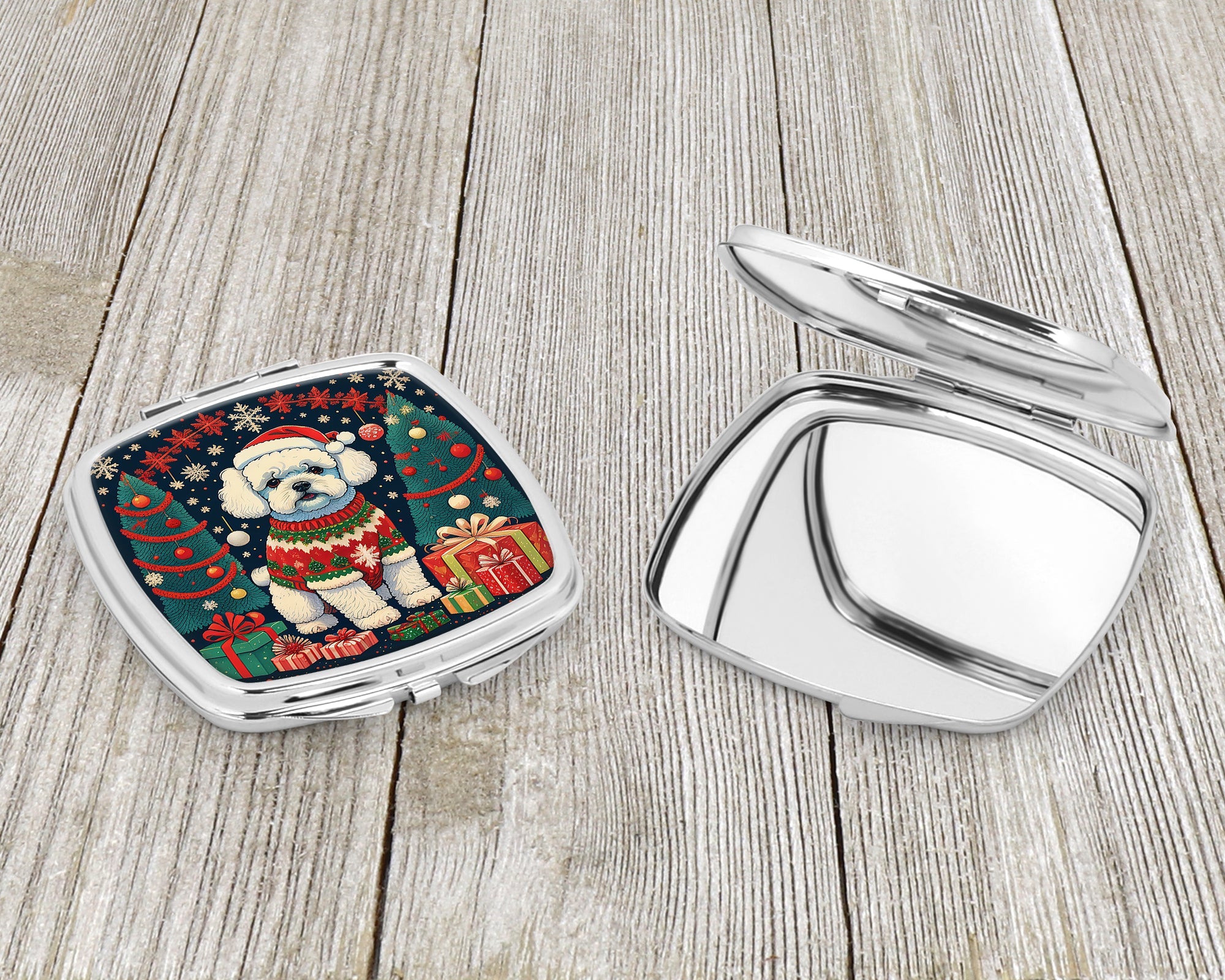 Bichon Frise Christmas Compact Mirror Decorative Travel Makeup Mirror for Women Girls Gifts Pocket Makeup Mirror Folding Handheld