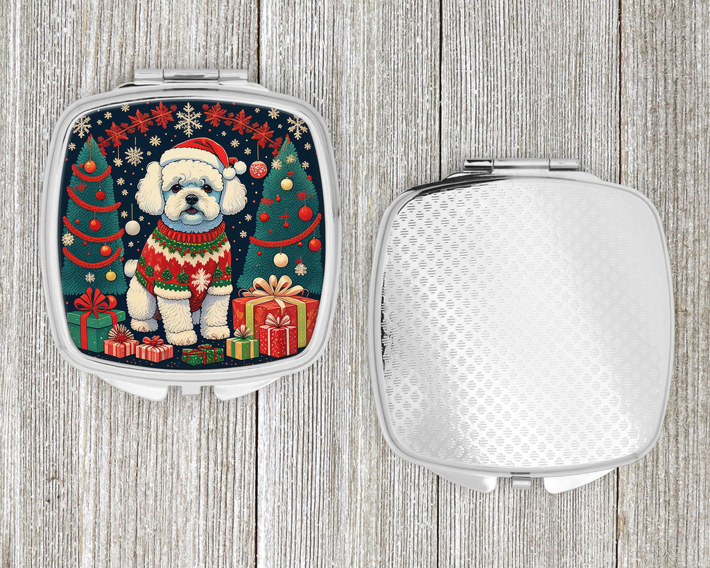 Bichon Frise Christmas Compact Mirror Decorative Travel Makeup Mirror for Women Girls Gifts Pocket Makeup Mirror Folding Handheld