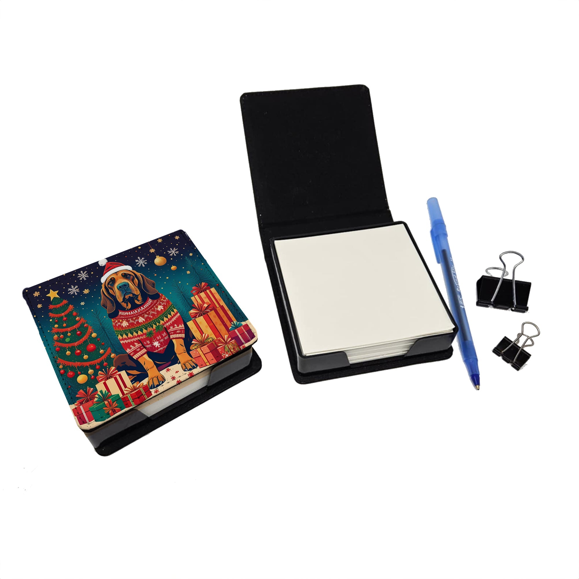 Bloodhound Christmas PU Leather Note Paper Holder with Artist-Designed Cover, Desk Accessory, Office Gift