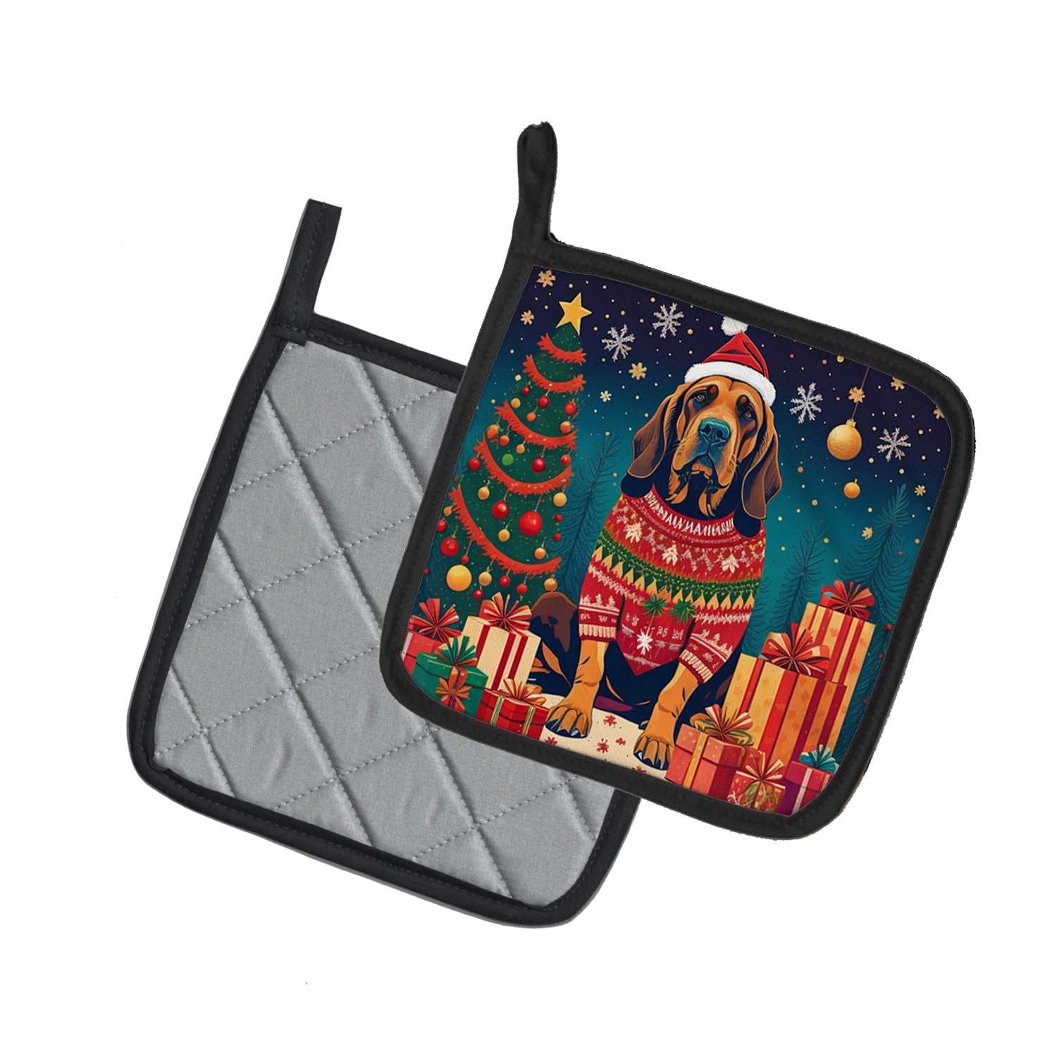 Bloodhound Christmas Pot Holder Set of 2 Heat Resistant Quilted Hot Pads 7.5 x 7.5 Inch, Insulated Kitchen Trivets for Cooking & Baking