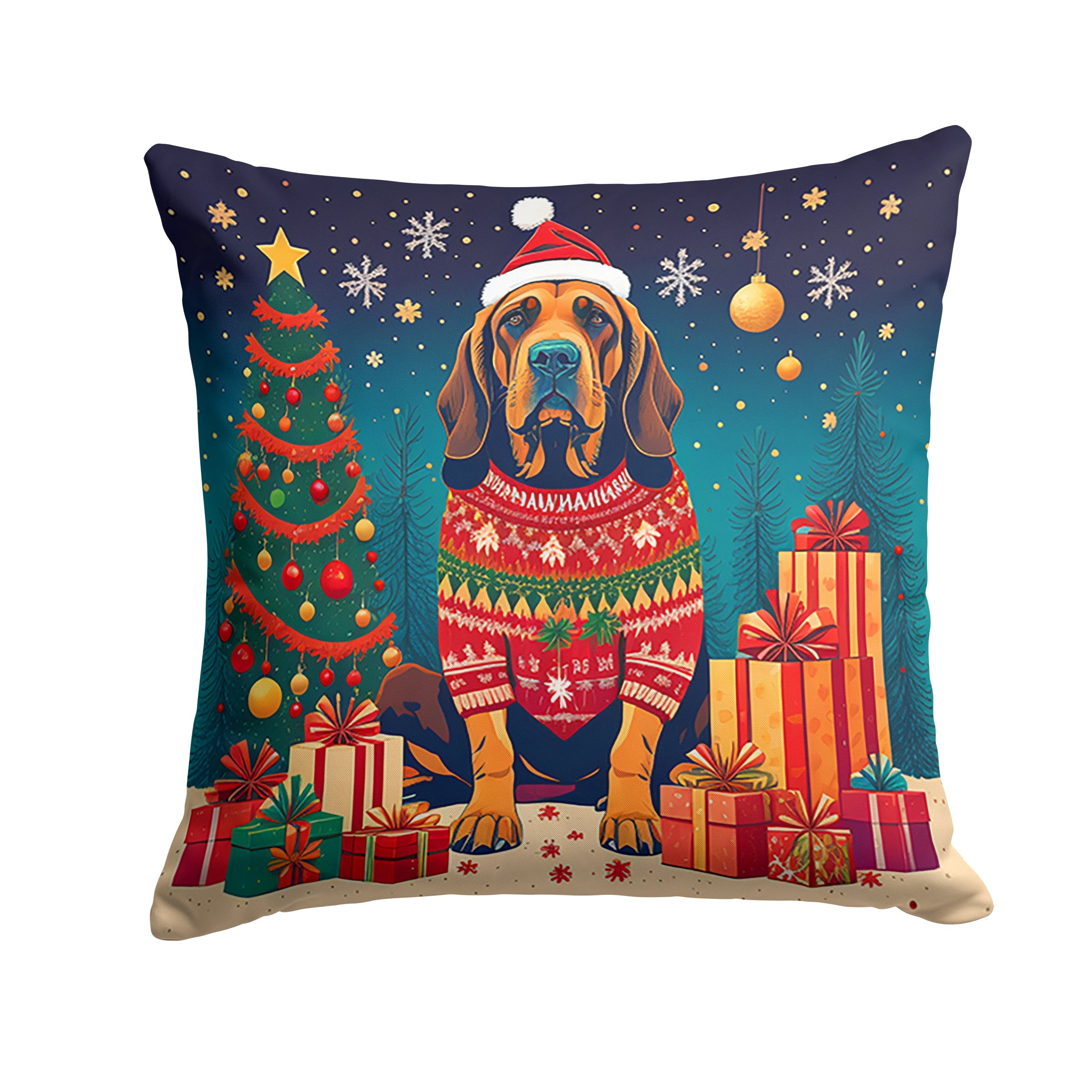 Bloodhound Christmas Decorative Throw Pillow 14x14 Indoor Outdoor Accent Cushion, Fabric Cover with Insert for Sofa, Bed, Porch & Living Room