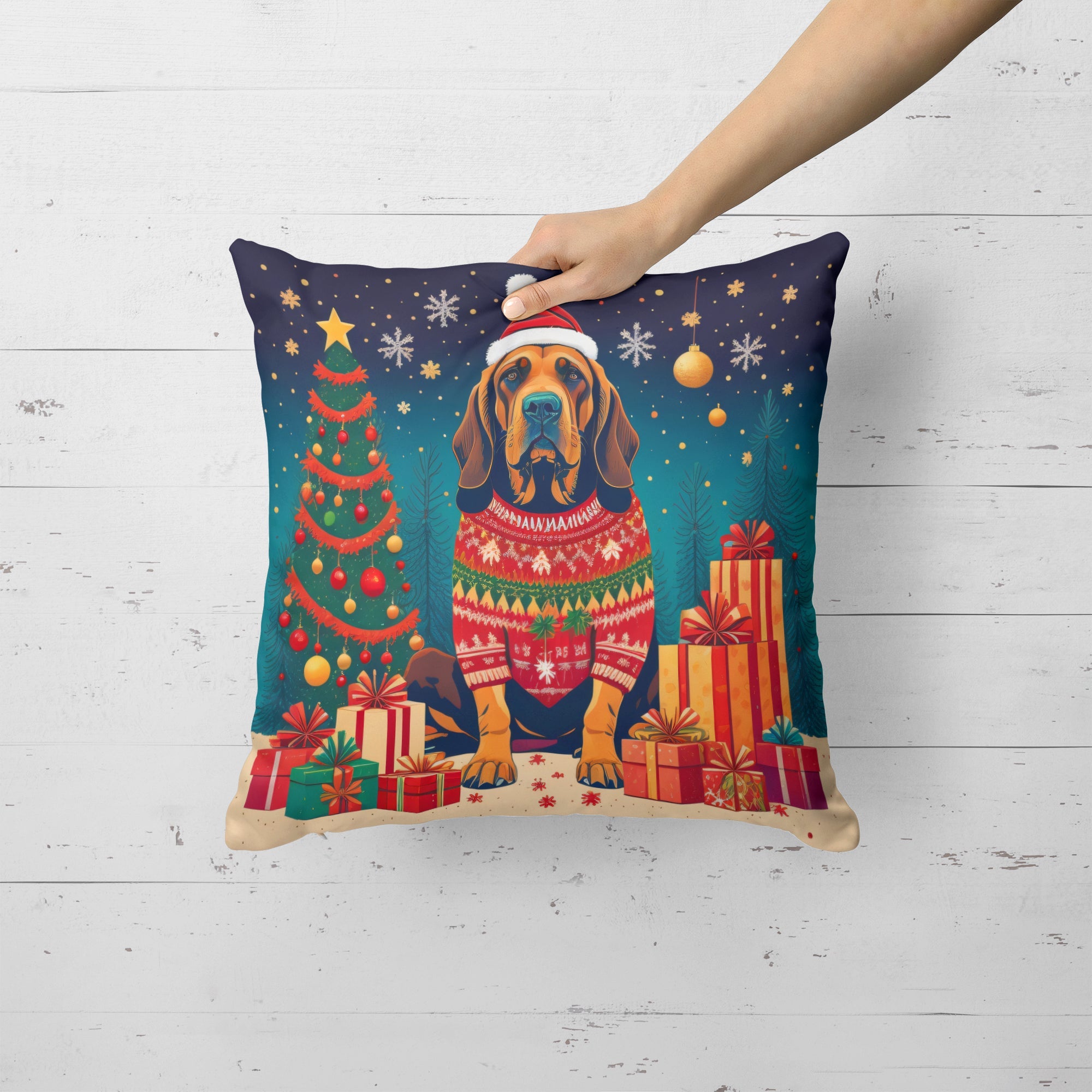 Bloodhound Christmas Decorative Throw Pillow 14x14 Indoor Outdoor Accent Cushion, Fabric Cover with Insert for Sofa, Bed, Porch & Living Room