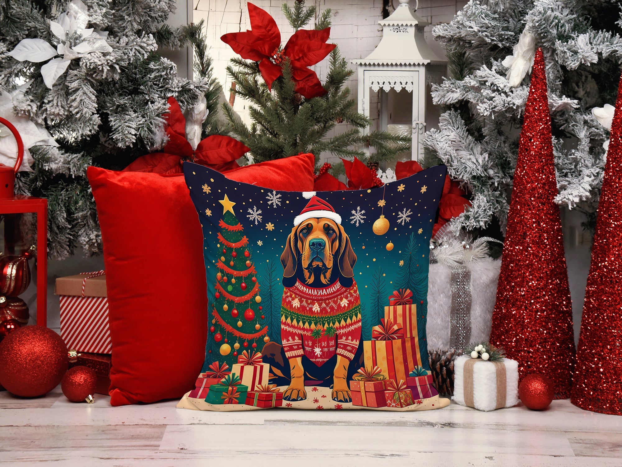 Bloodhound Christmas Decorative Throw Pillow 14x14 Indoor Outdoor Accent Cushion, Fabric Cover with Insert for Sofa, Bed, Porch & Living Room