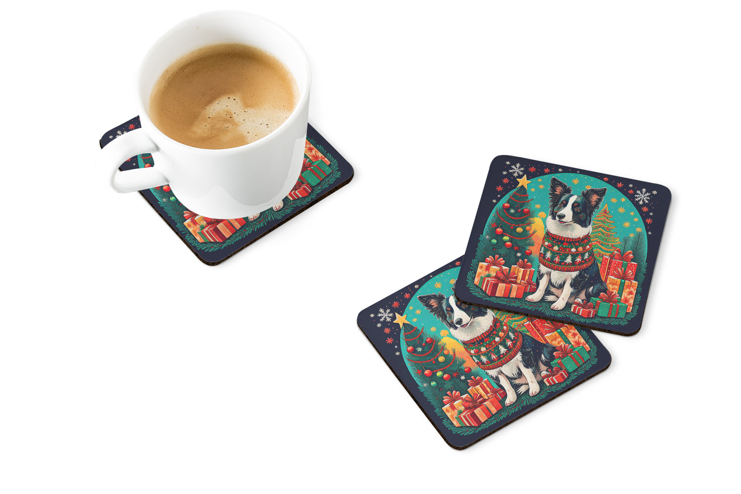 Border Collie Christmas Foam Coasters Set of 4 Cup Coasters for Indoor Outdoor, Tabletop Protection, Anti Slip, Mouse pad Material