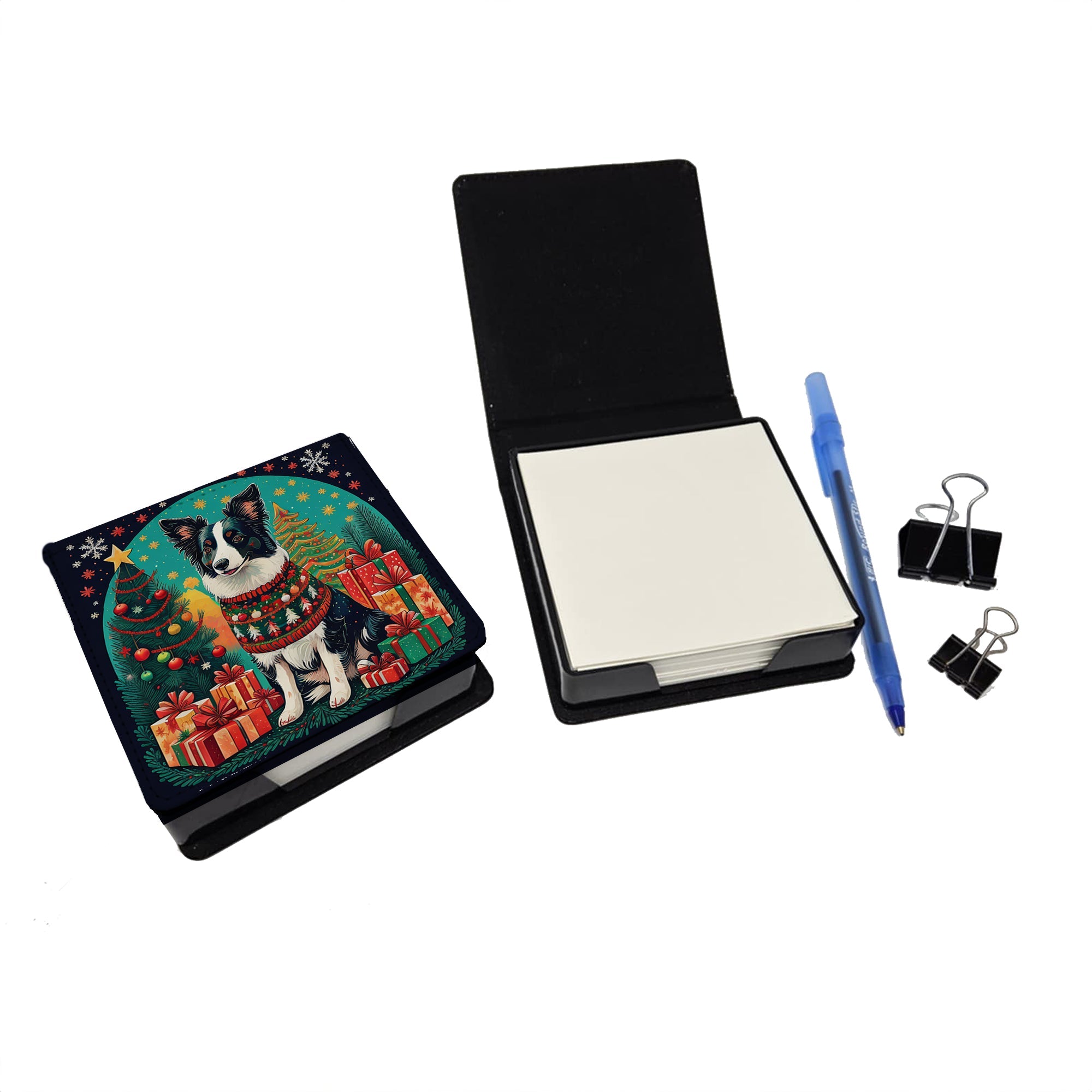 Border Collie Christmas PU Leather Note Paper Holder with Artist-Designed Cover, Desk Accessory, Office Gift