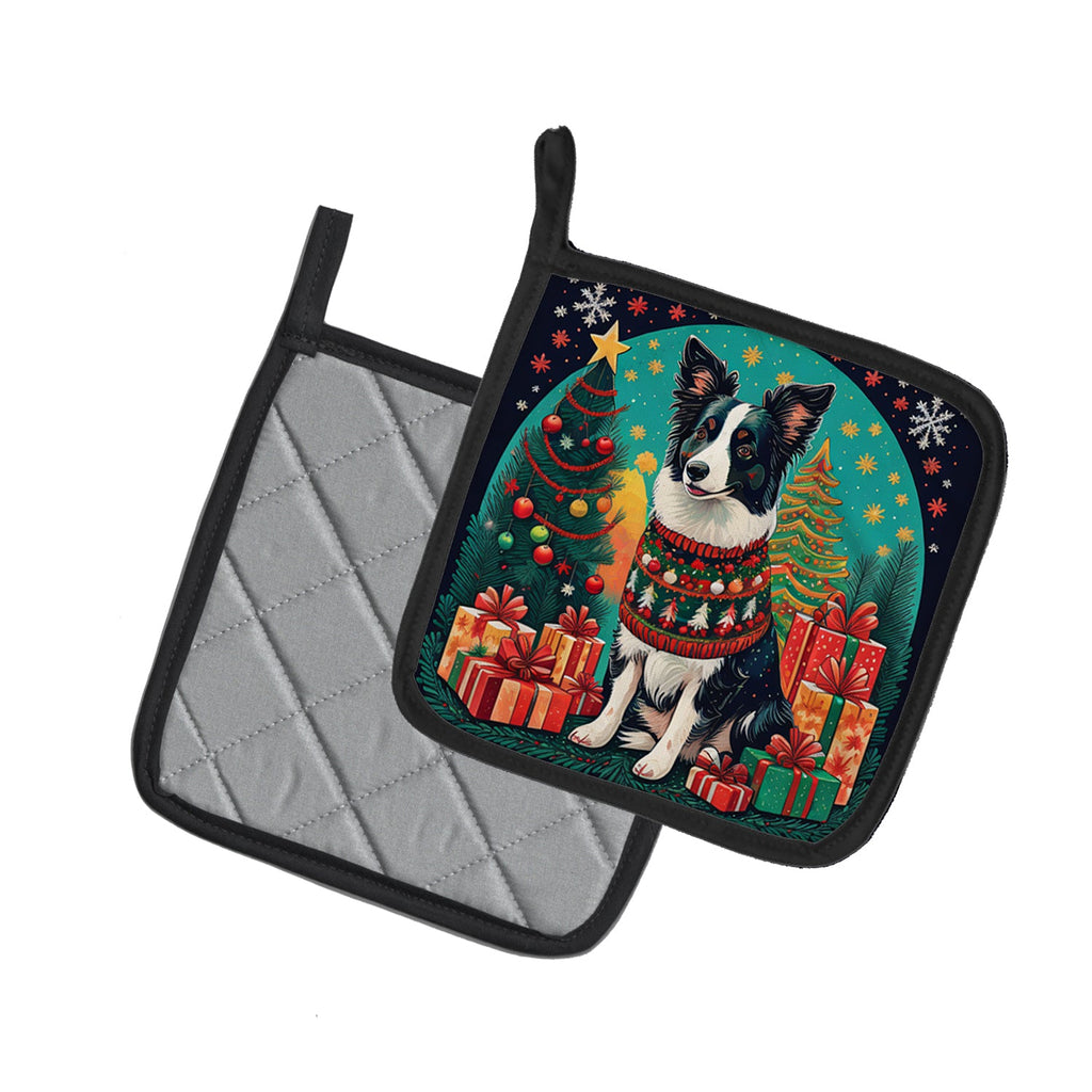 Border Collie Christmas Pot Holder Set of 2 Heat Resistant Quilted Hot Pads 7.5 x 7.5 Inch, Insulated Kitchen Trivets for Cooking & Baking