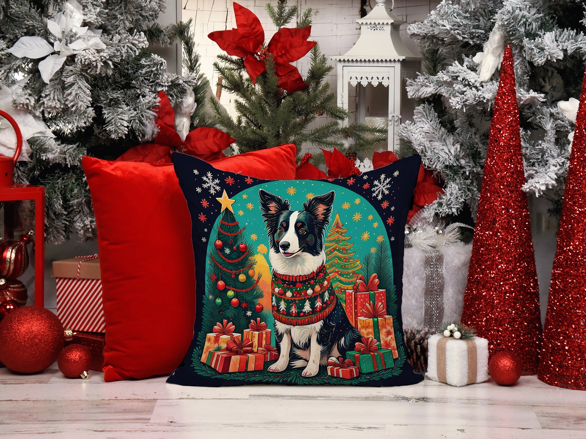 Border Collie Christmas Decorative Throw Pillow 14x14 Indoor Outdoor Accent Cushion, Fabric Cover with Insert for Sofa, Bed, Porch & Living Room
