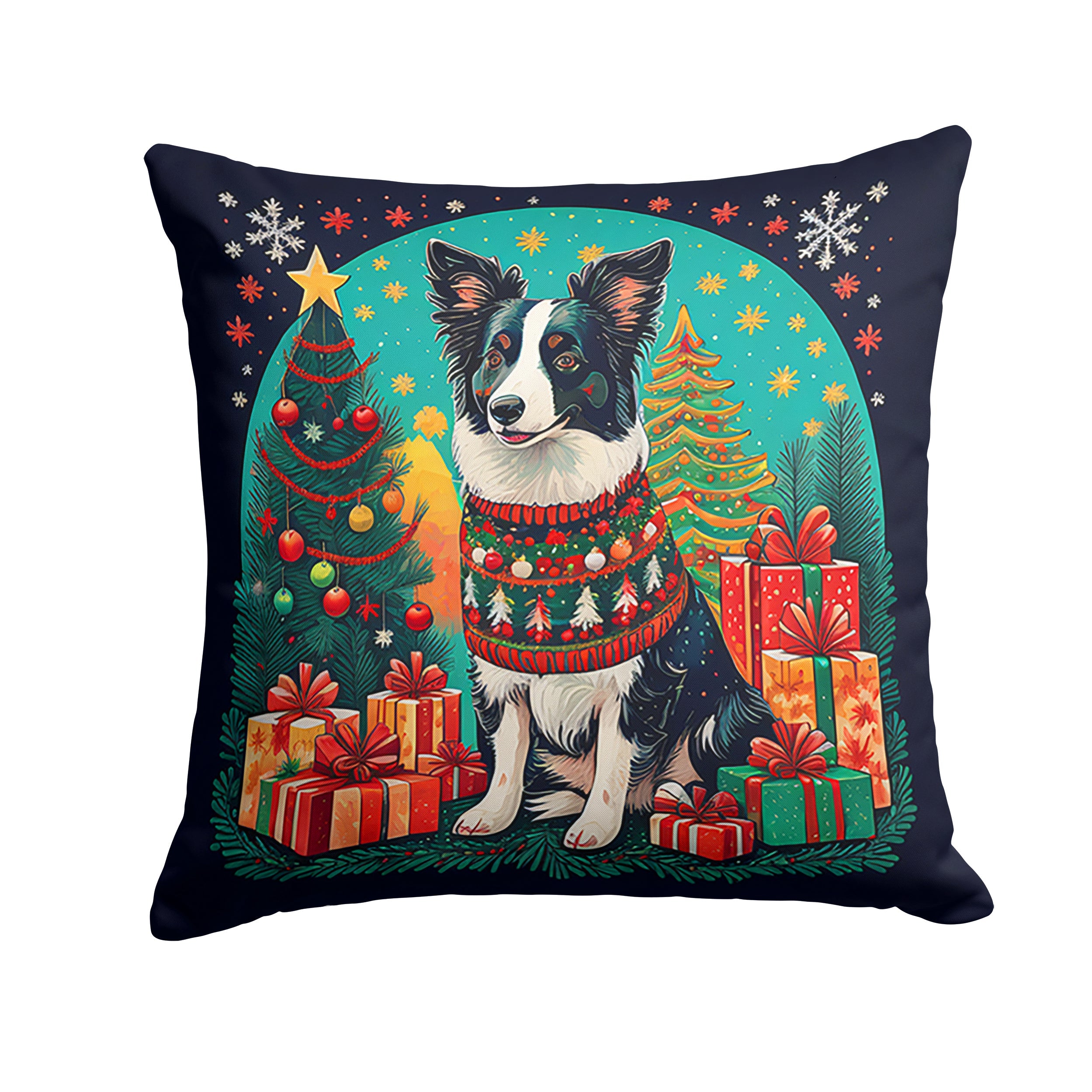 Border Collie Christmas Decorative Throw Pillow 18x18 Indoor Outdoor Accent Cushion, Fabric Cover with Insert for Sofa, Bed, Porch & Living Room