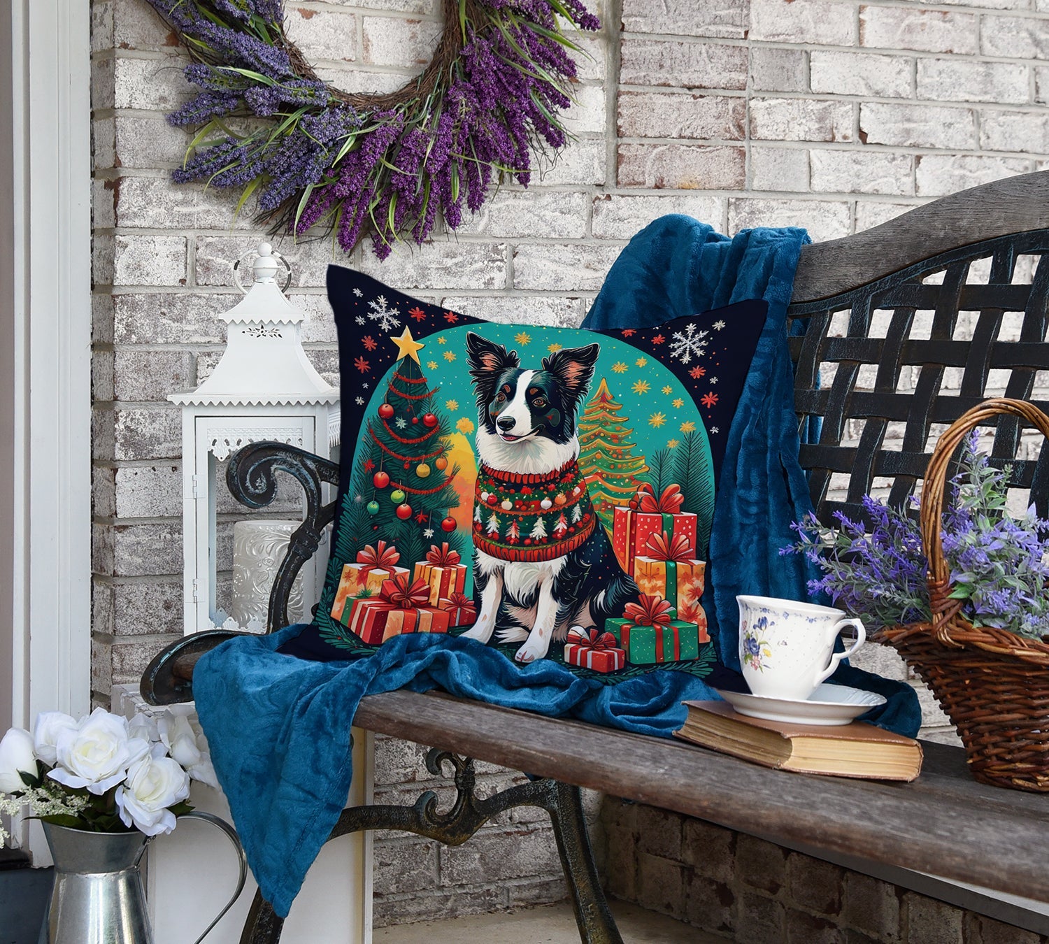 Border Collie Christmas Decorative Throw Pillow 18x18 Indoor Outdoor Accent Cushion, Fabric Cover with Insert for Sofa, Bed, Porch & Living Room
