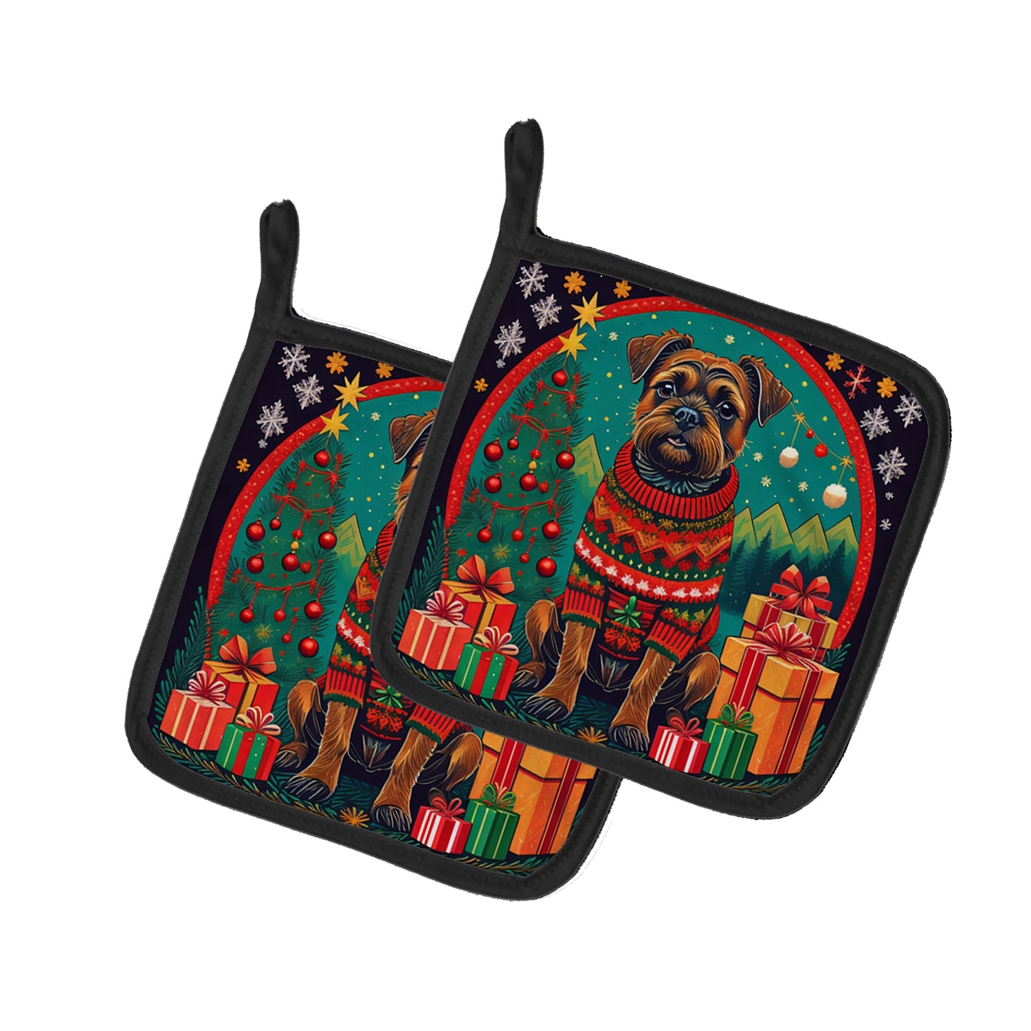 Border Terrier Christmas Pot Holder Set of 2 Heat Resistant Quilted Hot Pads 7.5 x 7.5 Inch, Insulated Kitchen Trivets for Cooking & Baking