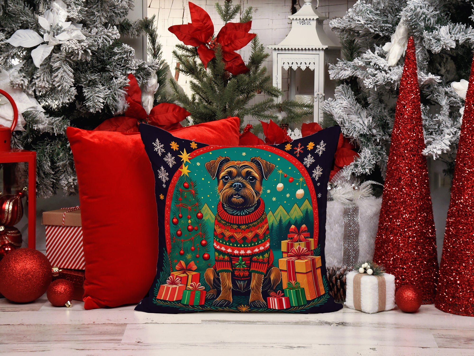 Border Terrier Christmas Decorative Throw Pillow 14x14 Indoor Outdoor Accent Cushion, Fabric Cover with Insert for Sofa, Bed, Porch & Living Room