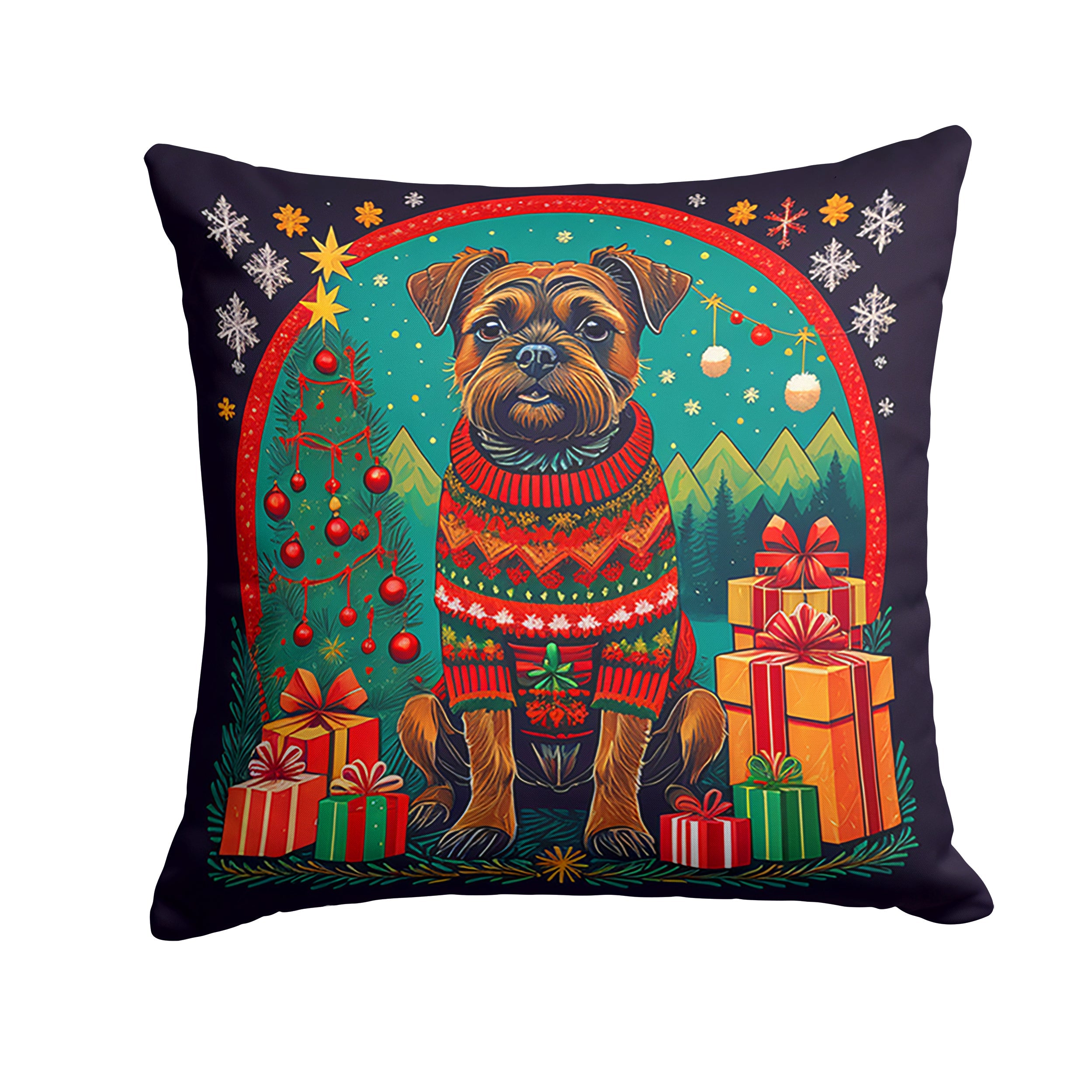 Border Terrier Christmas Decorative Throw Pillow 18x18 Indoor Outdoor Accent Cushion, Fabric Cover with Insert for Sofa, Bed, Porch & Living Room
