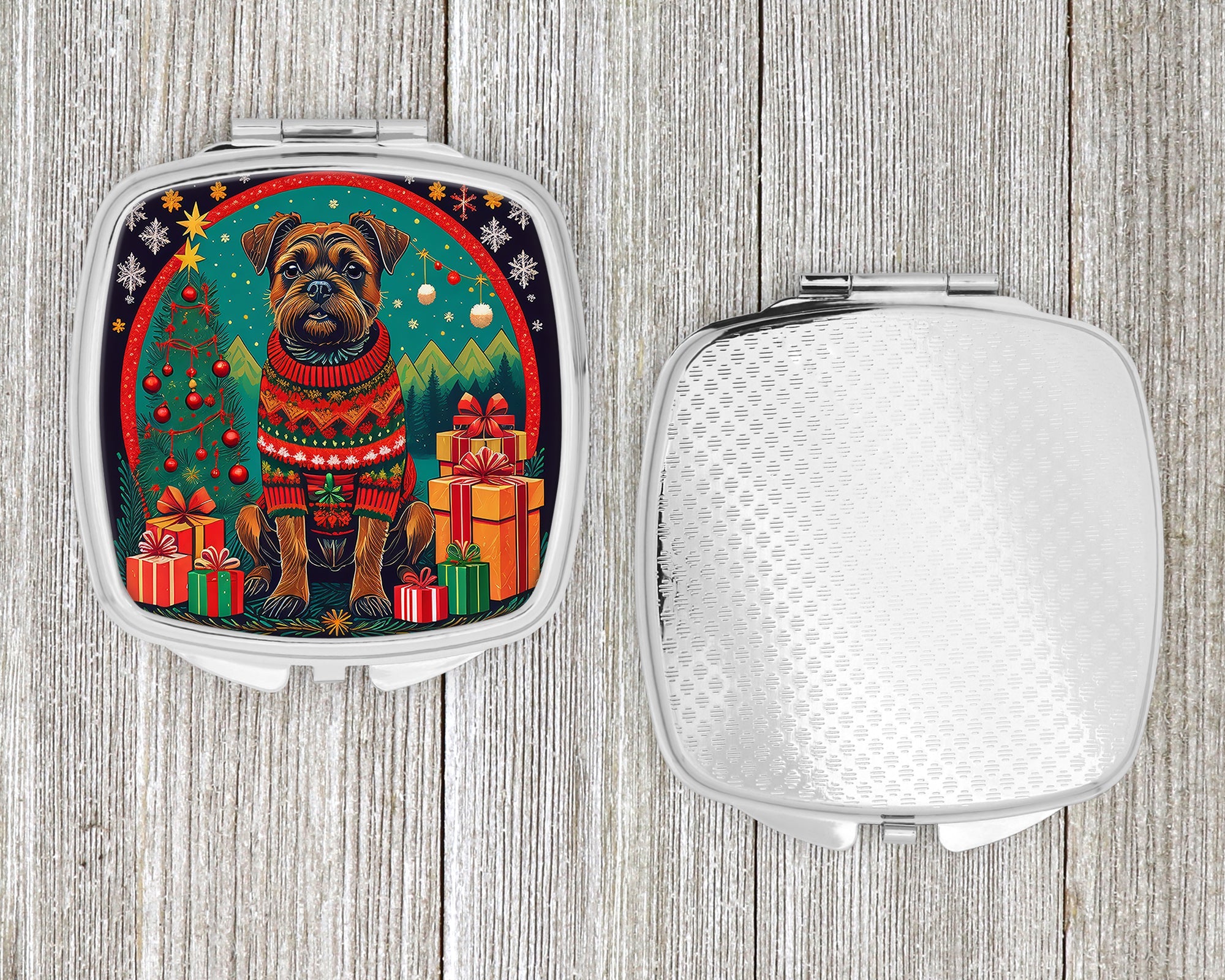 Border Terrier Christmas Compact Mirror Decorative Travel Makeup Mirror for Women Girls Gifts Pocket Makeup Mirror Folding Handheld