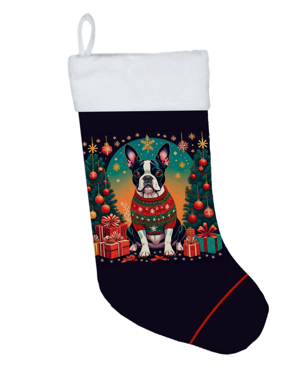 Boston Terrier Christmas Holiday Stocking Double-Sided Print, Polyester Suede,11x18, Made in USA