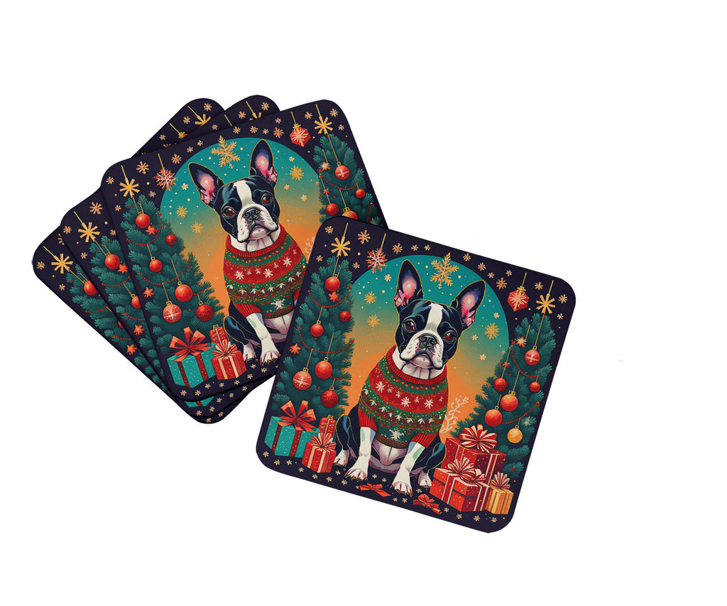 Boston Terrier Christmas Foam Coasters Set of 4 Cup Coasters for Indoor Outdoor, Tabletop Protection, Anti Slip, Mouse pad Material