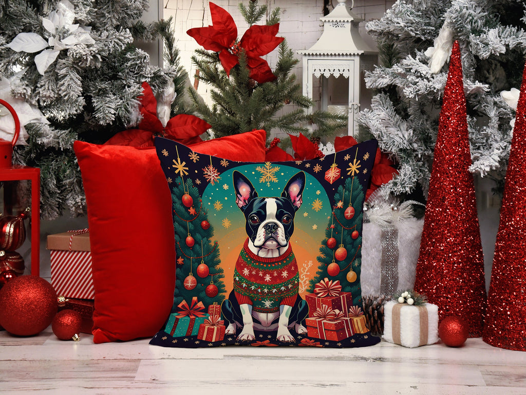 Boston Terrier Christmas Decorative Throw Pillow 18x18 Indoor Outdoor Accent Cushion, Fabric Cover with Insert for Sofa, Bed, Porch & Living Room