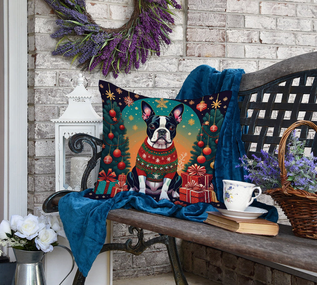 Boston Terrier Christmas Decorative Throw Pillow 18x18 Indoor Outdoor Accent Cushion, Fabric Cover with Insert for Sofa, Bed, Porch & Living Room